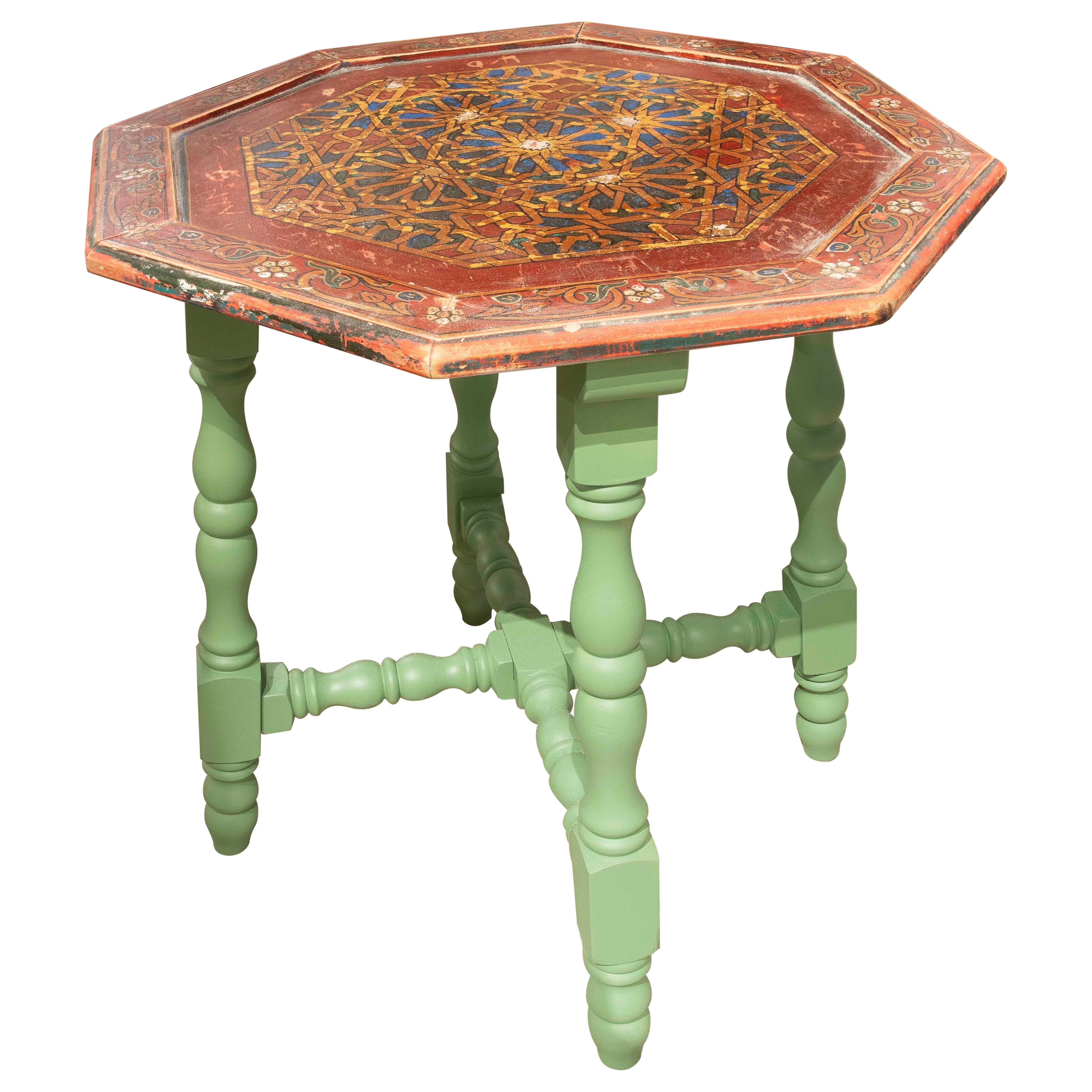 Tavolo ottagonale artigianale degli anni '90 con base verde e piano dipinto a mano