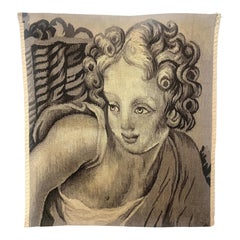 1990s Handwoven Wool Tapestry Fragment with Charcoal Cherub
