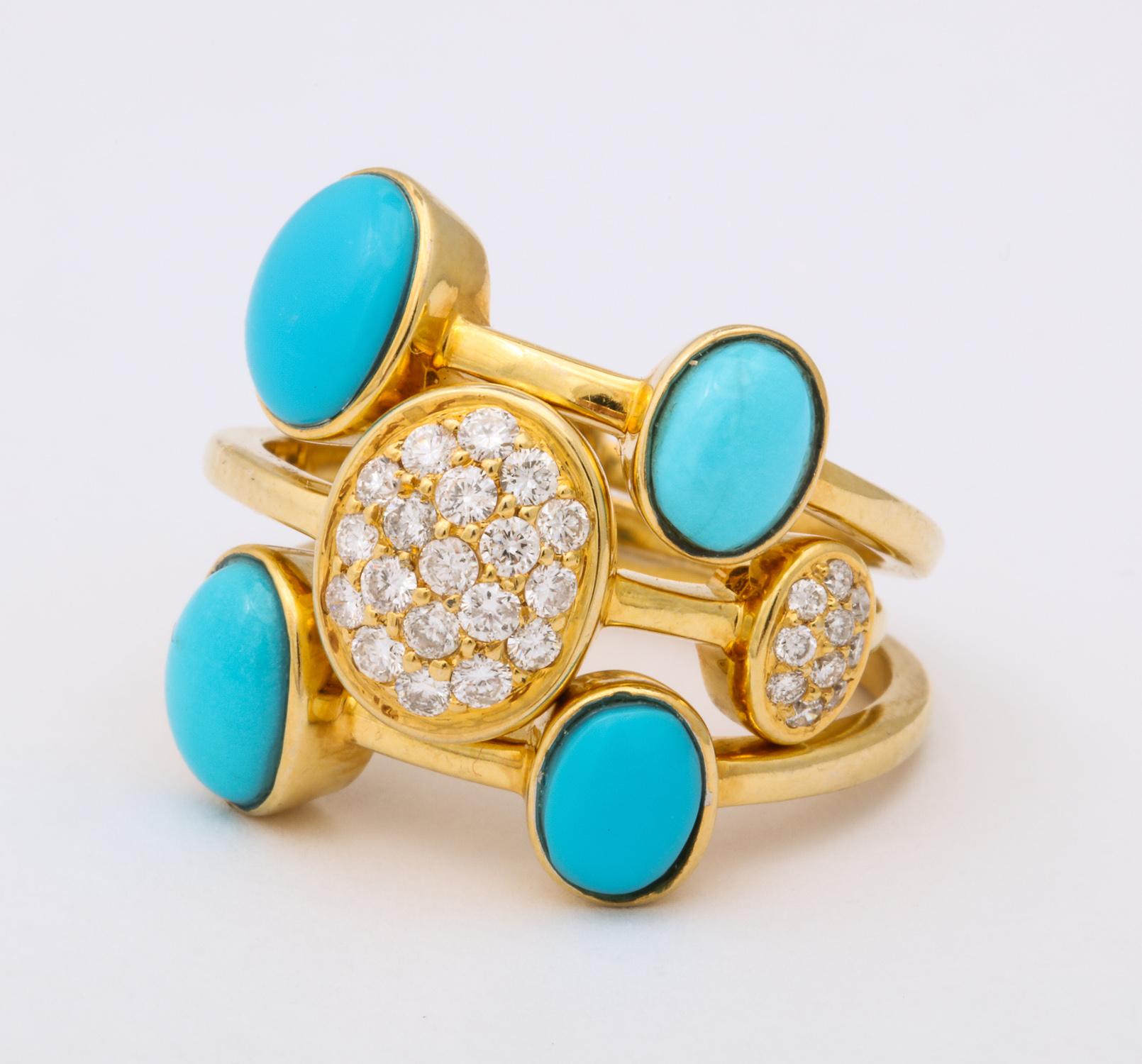 1990s Harem Style Turquoise with Diamonds Triple Flexible Gold Band Rings For Sale 5