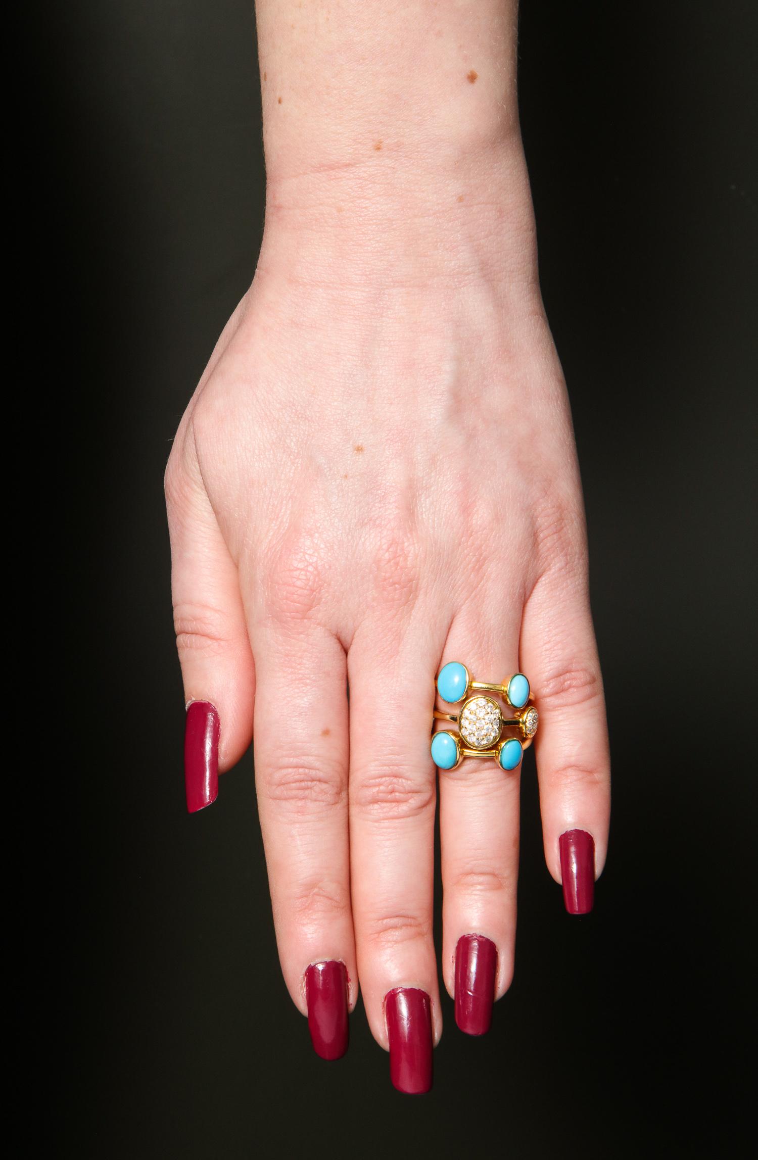 1990s Harem Style Turquoise with Diamonds Triple Flexible Gold Band Rings For Sale 6