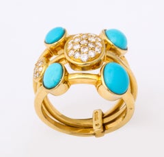 1990s Harem Style Turquoise with Diamonds Triple Flexible Gold Band Rings