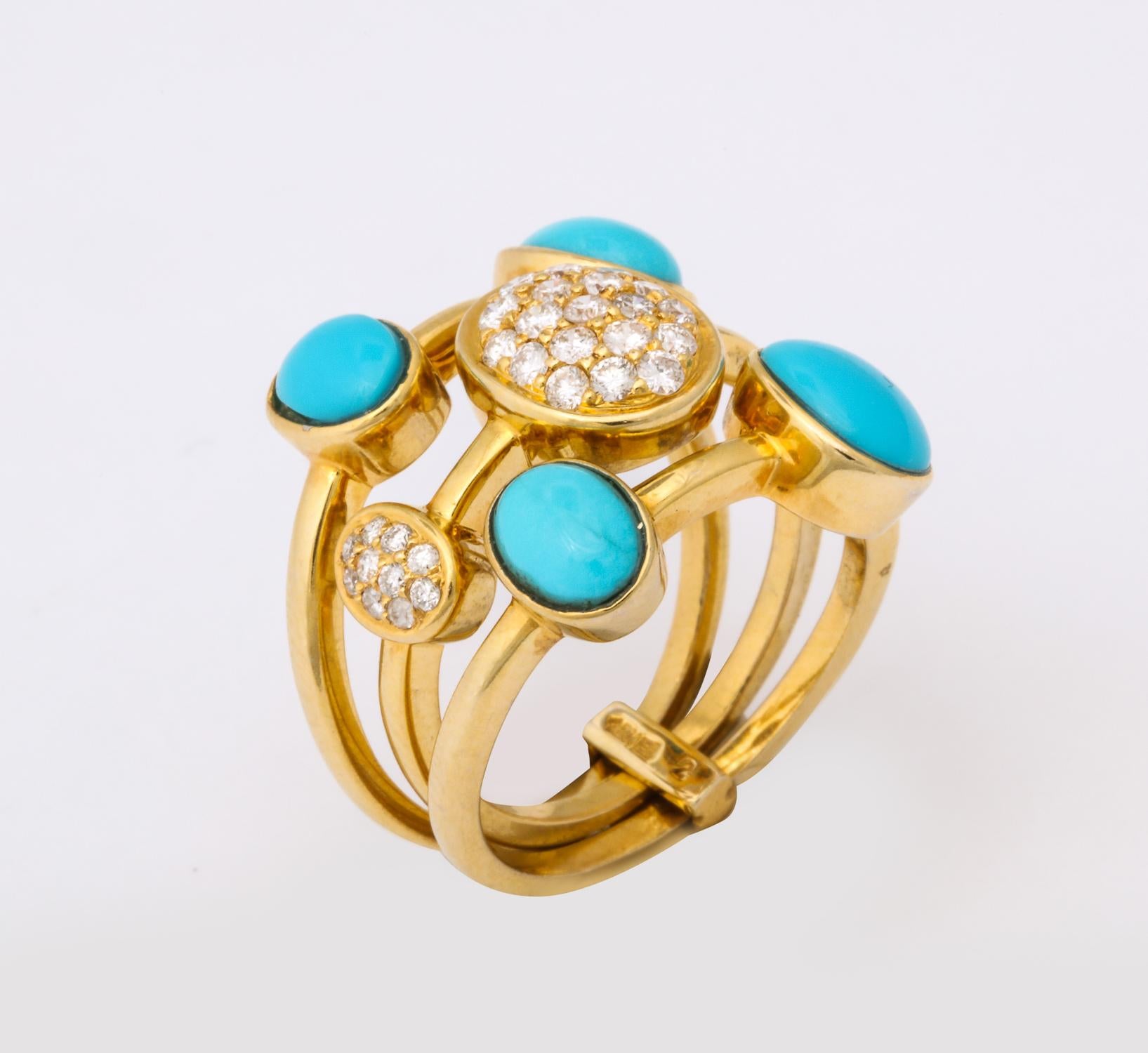 Round Cut 1990s Harem Style Turquoise with Diamonds Triple Flexible Gold Band Rings For Sale