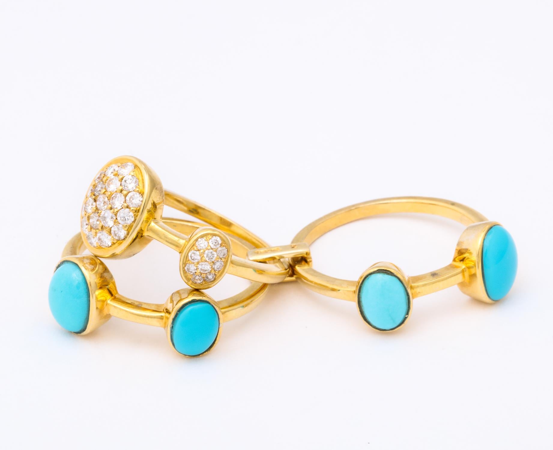 1990s Harem Style Turquoise with Diamonds Triple Flexible Gold Band Rings In Good Condition For Sale In New York, NY
