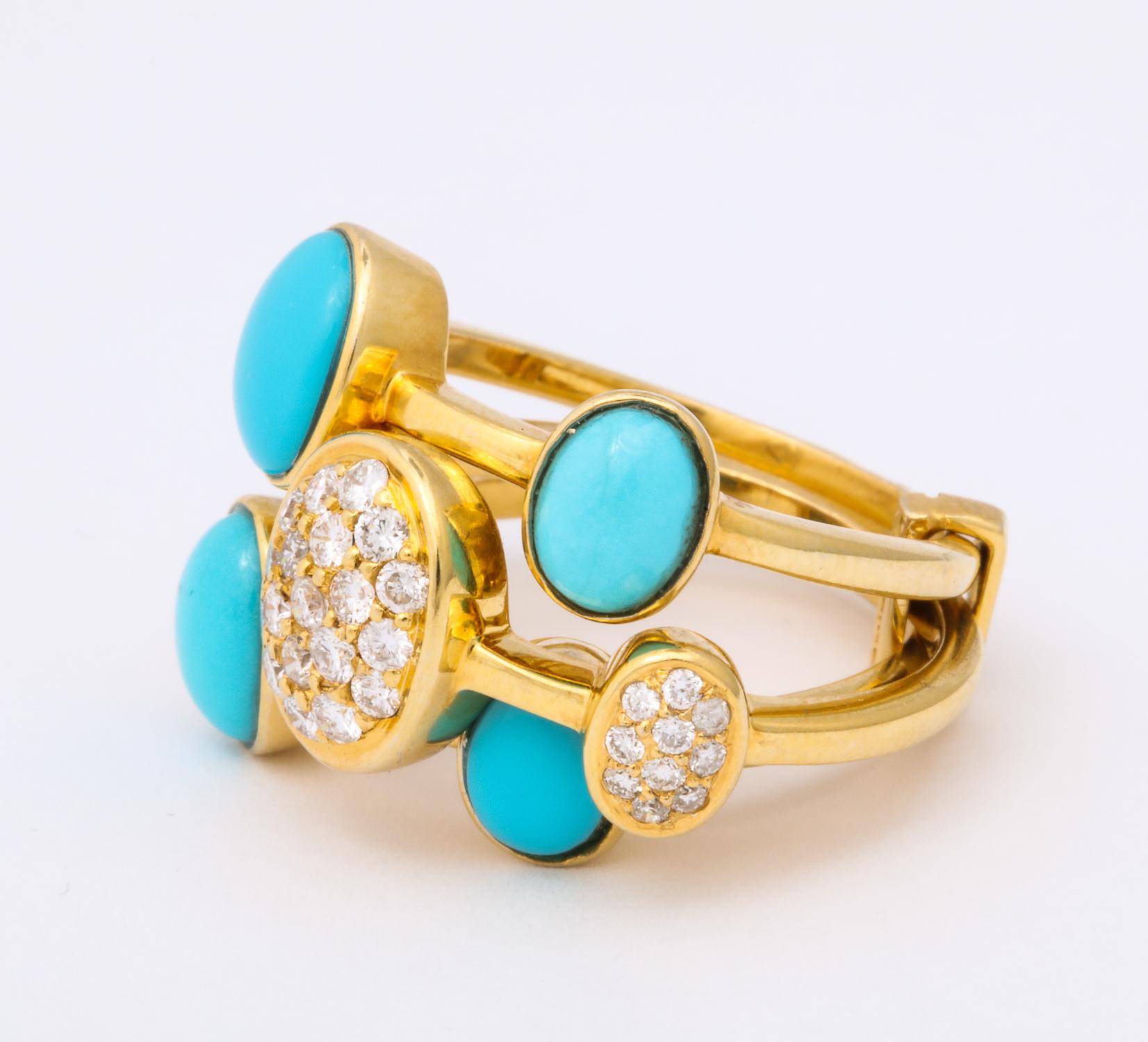 Women's 1990s Harem Style Turquoise with Diamonds Triple Flexible Gold Band Rings For Sale