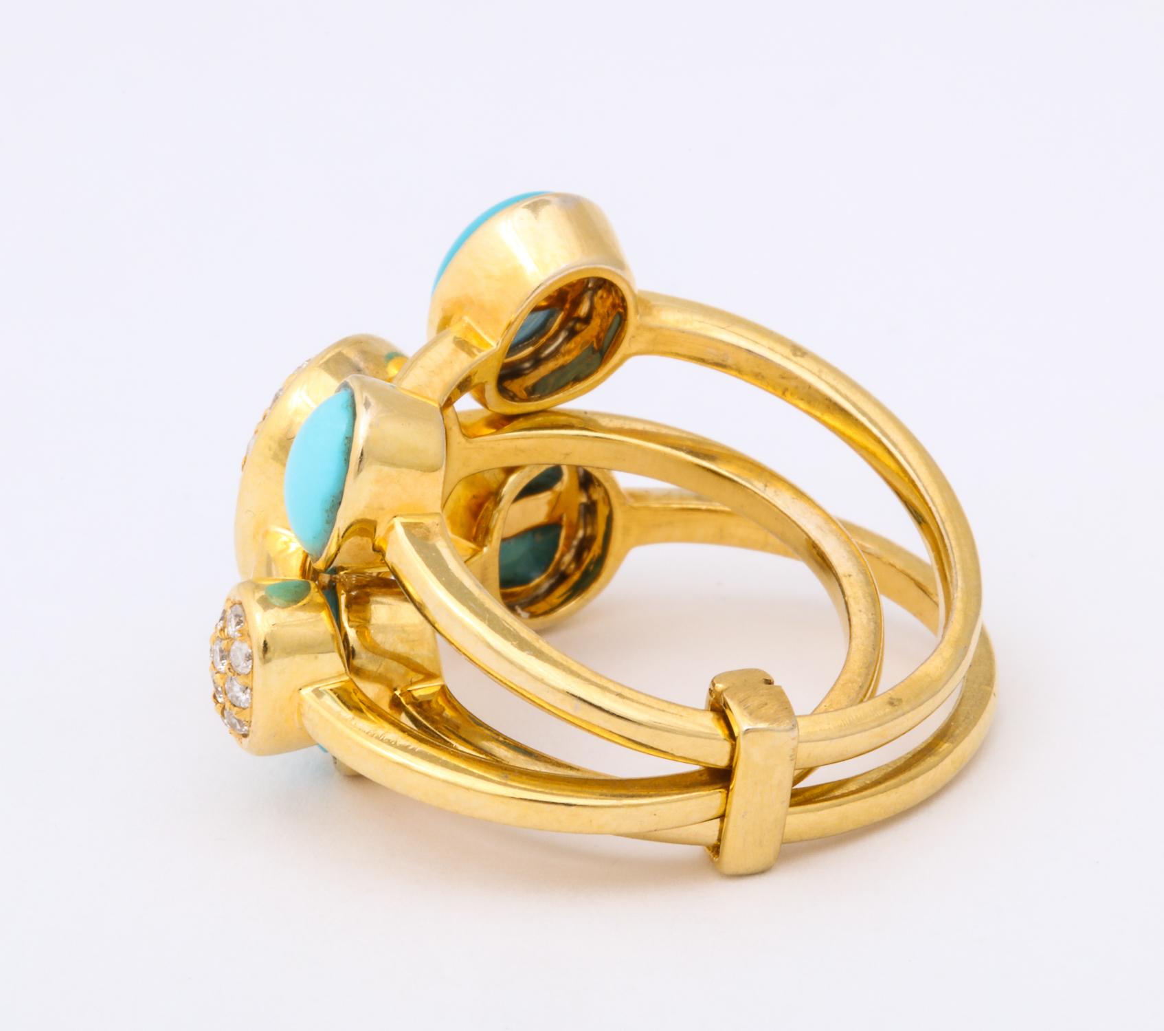 1990s Harem Style Turquoise with Diamonds Triple Flexible Gold Band Rings For Sale 1