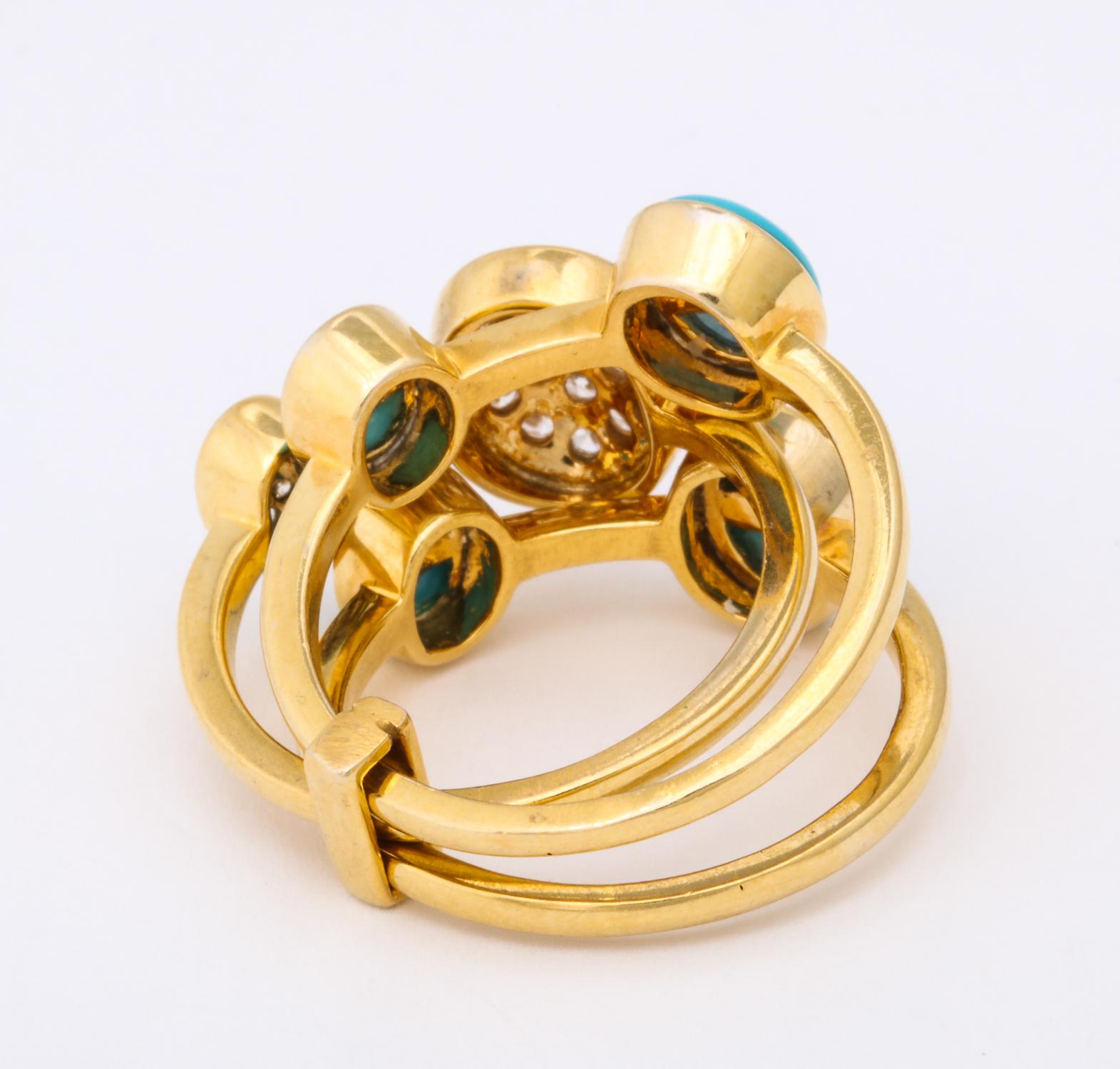 1990s Harem Style Turquoise with Diamonds Triple Flexible Gold Band Rings For Sale 2