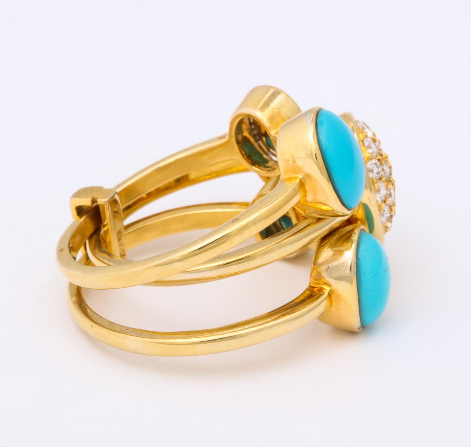 1990s Harem Style Turquoise with Diamonds Triple Flexible Gold Band Rings For Sale 3