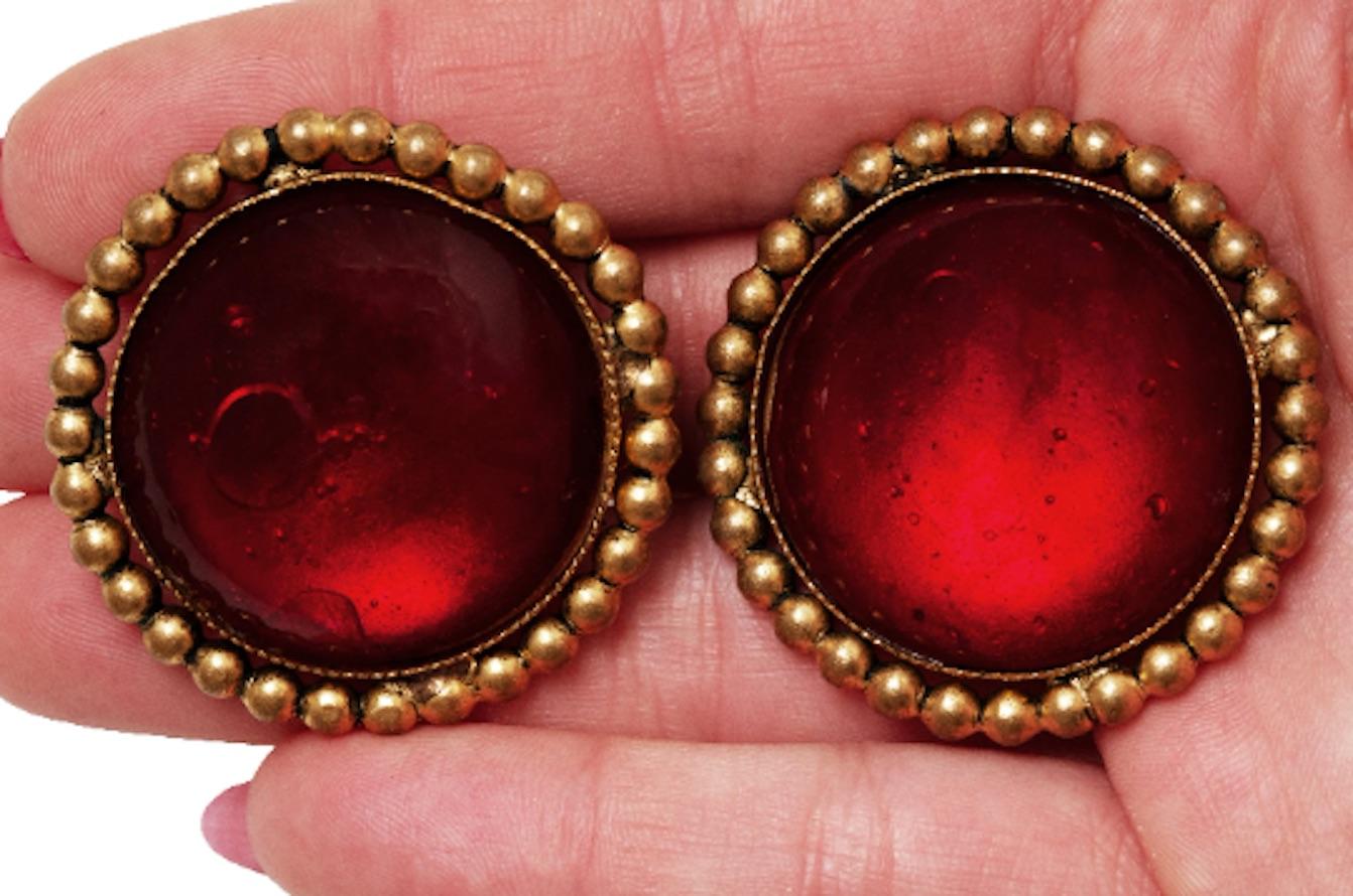 Women's 1990s Haute Couture Yves Saint Laurent Red and Gold Gripoix Earrings For Sale