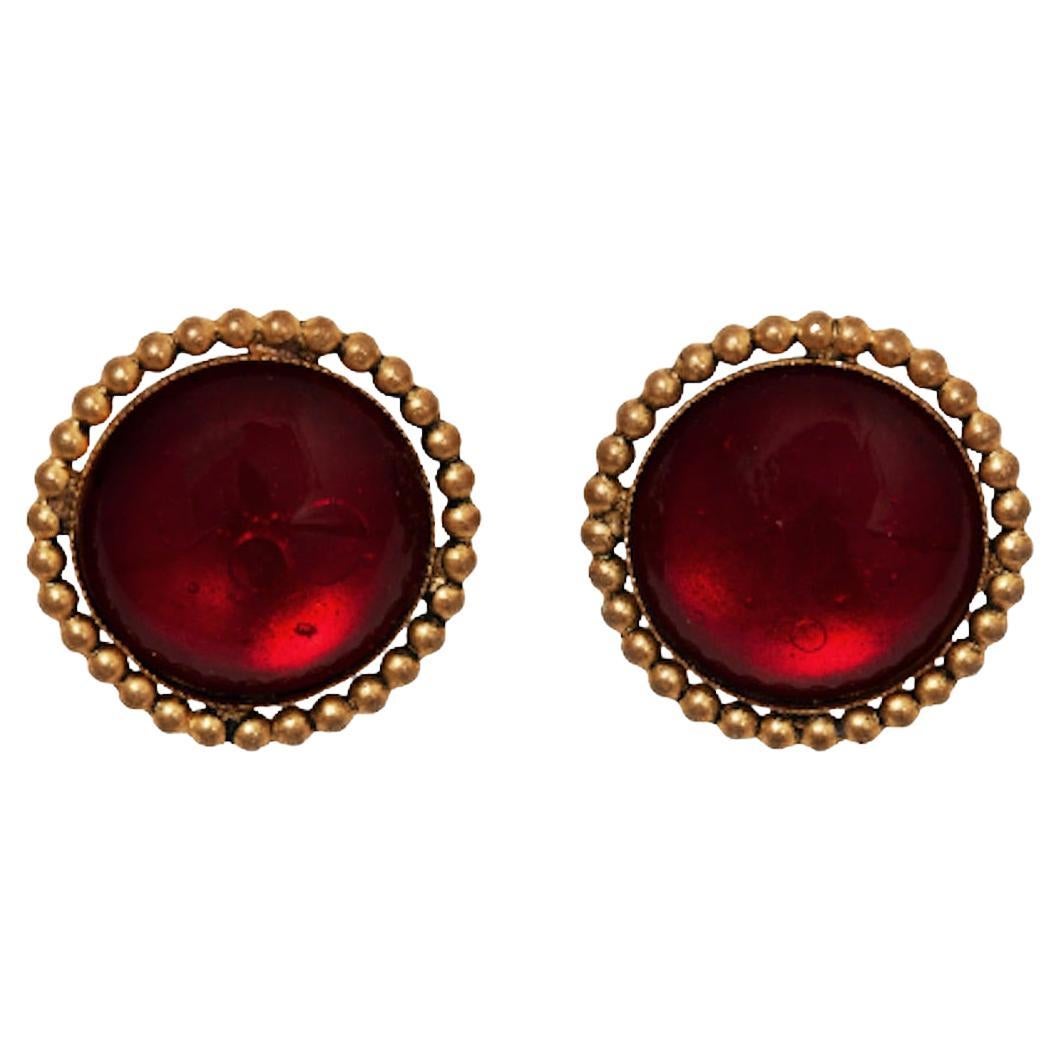 1990s Haute Couture Yves Saint Laurent Red and Gold Gripoix Earrings For Sale