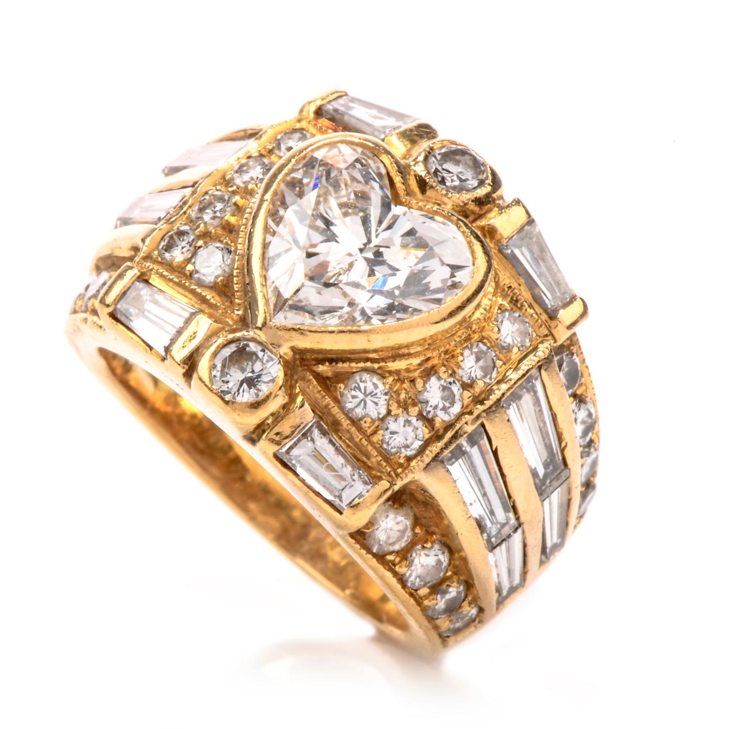 Women's 1990s Heart Diamond 18 Karat Gold Engagement Cocktail Ring