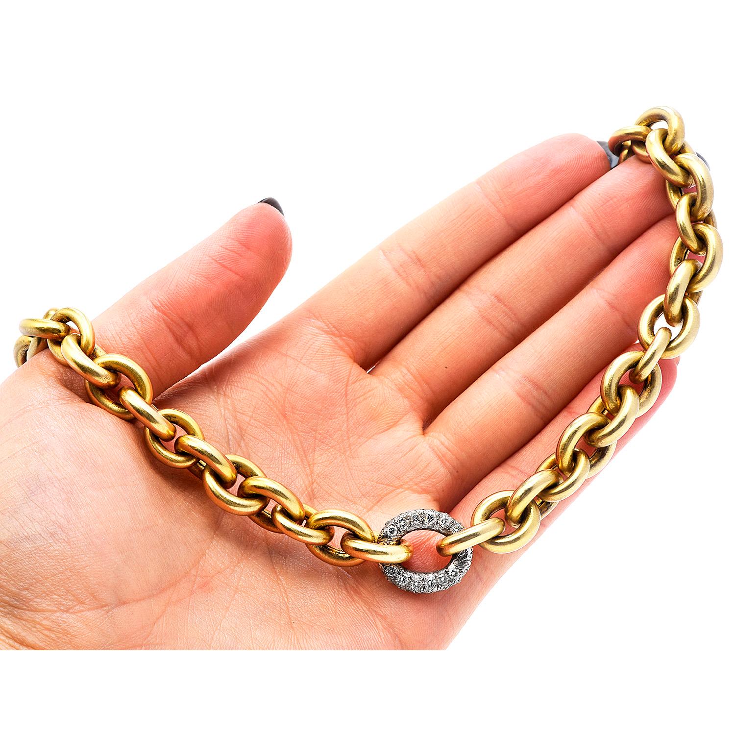 Round Cut 1990's Heavy Green Gold Diamond Link Chocker Necklace