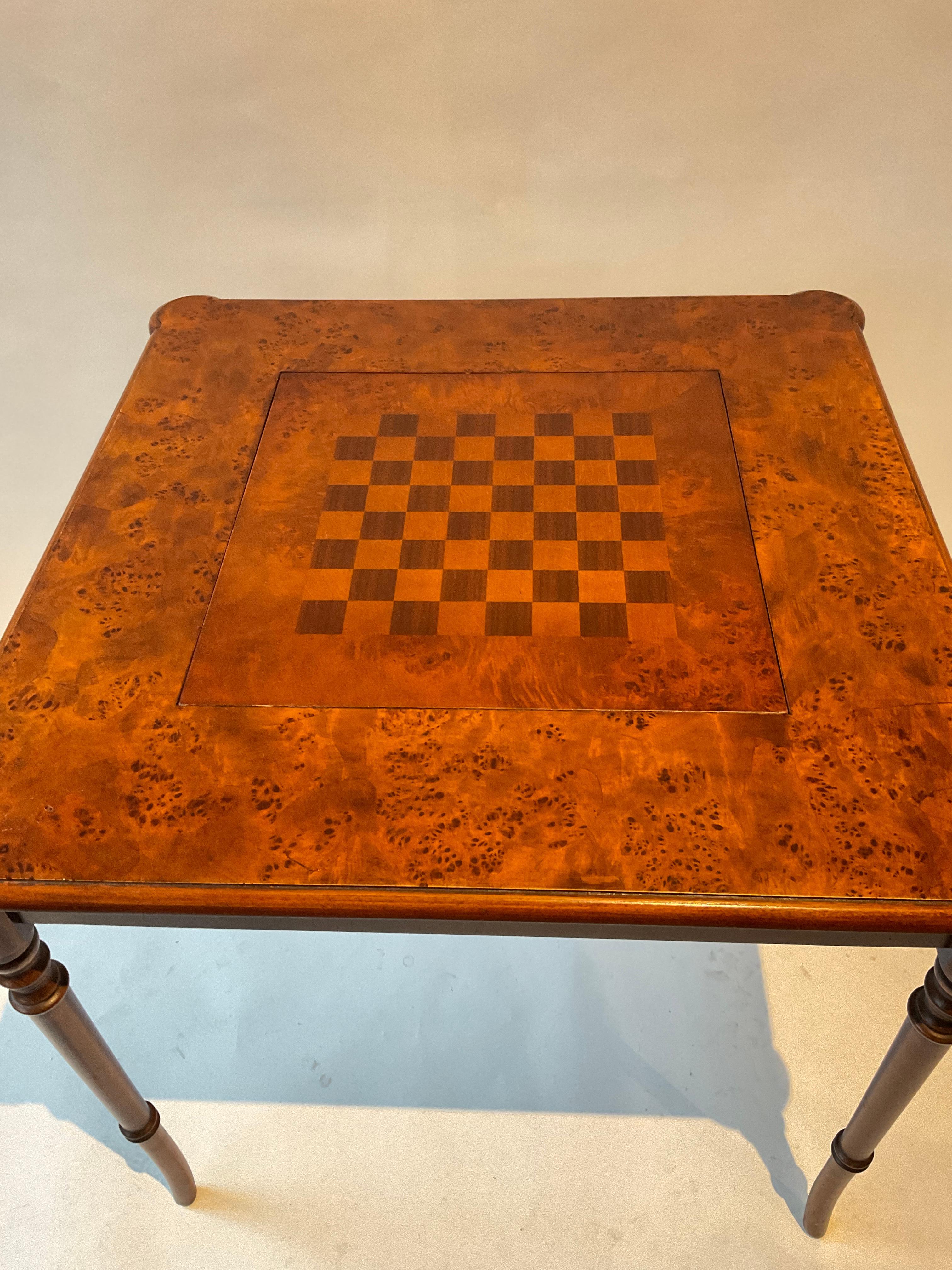 1990s Burl wood game table by Hekman. Center piece of table can be flipped to be either a chess/checker board or a Burl top. There are no game pieces included.