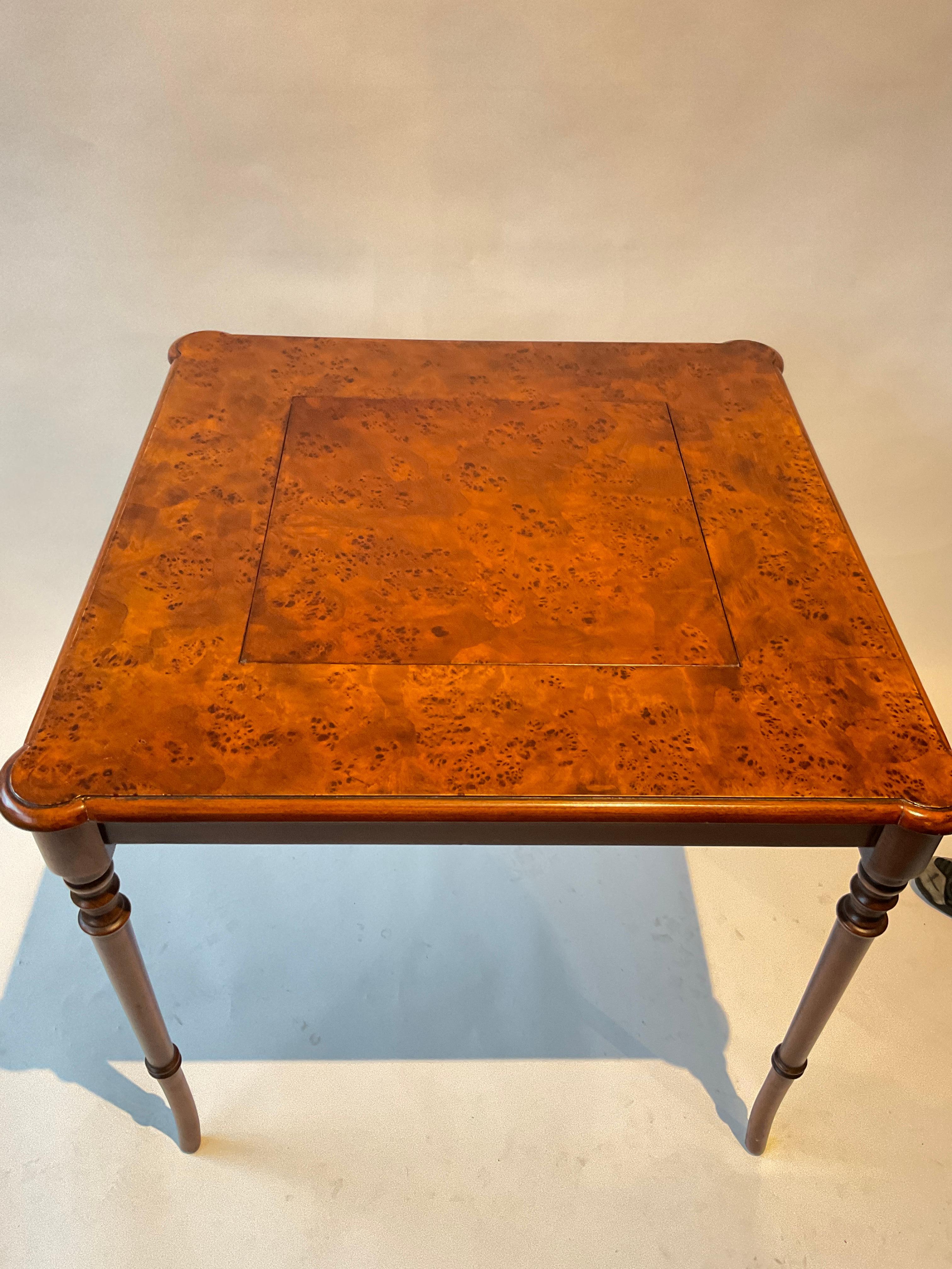 1990s Hekman Burl Wood Game Table 'Chess Board' In Good Condition In Tarrytown, NY