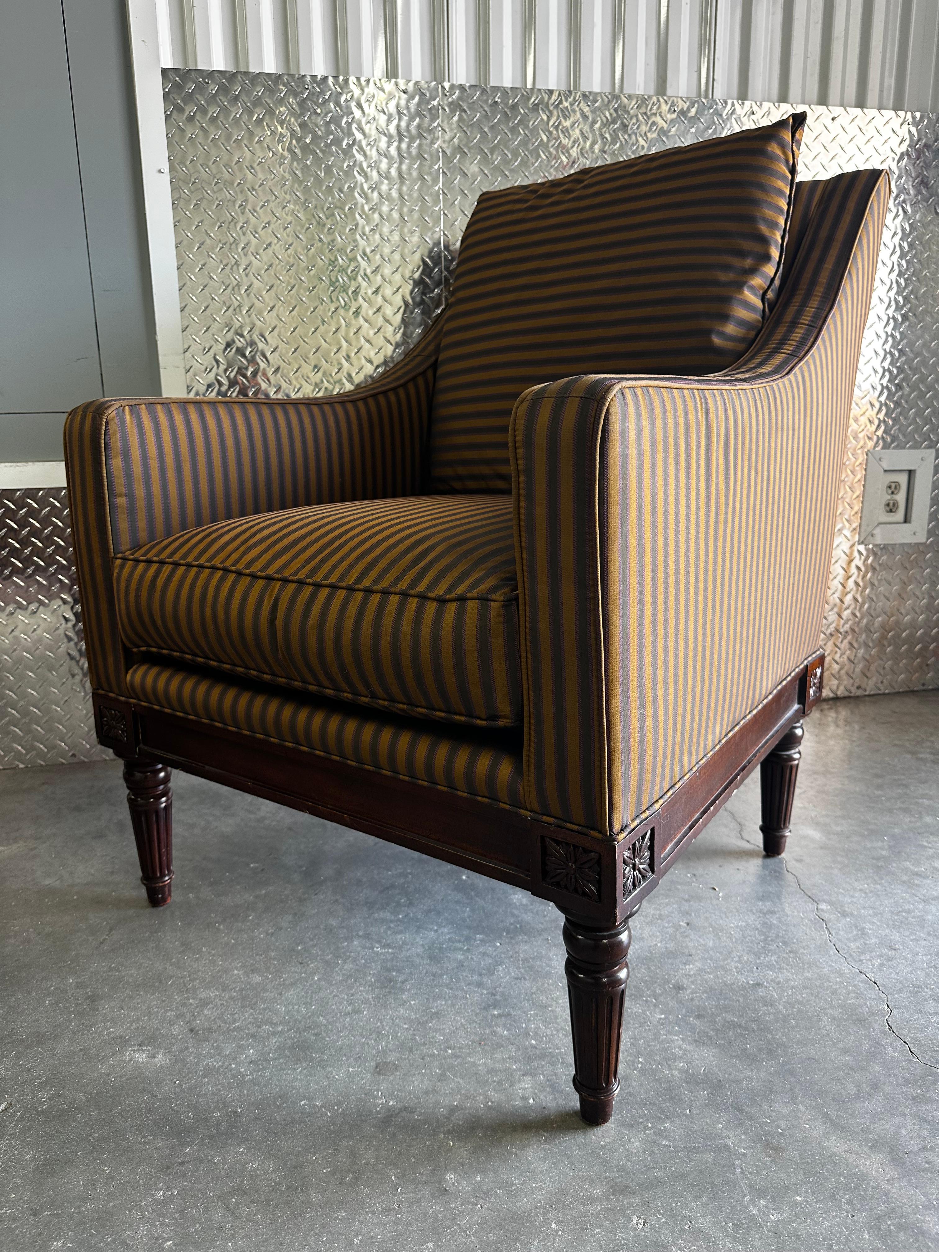 Tissu d'ameublement 1990 Henderson Stripes Down Neoclassical Style Club Chairs, Set of 2 en vente