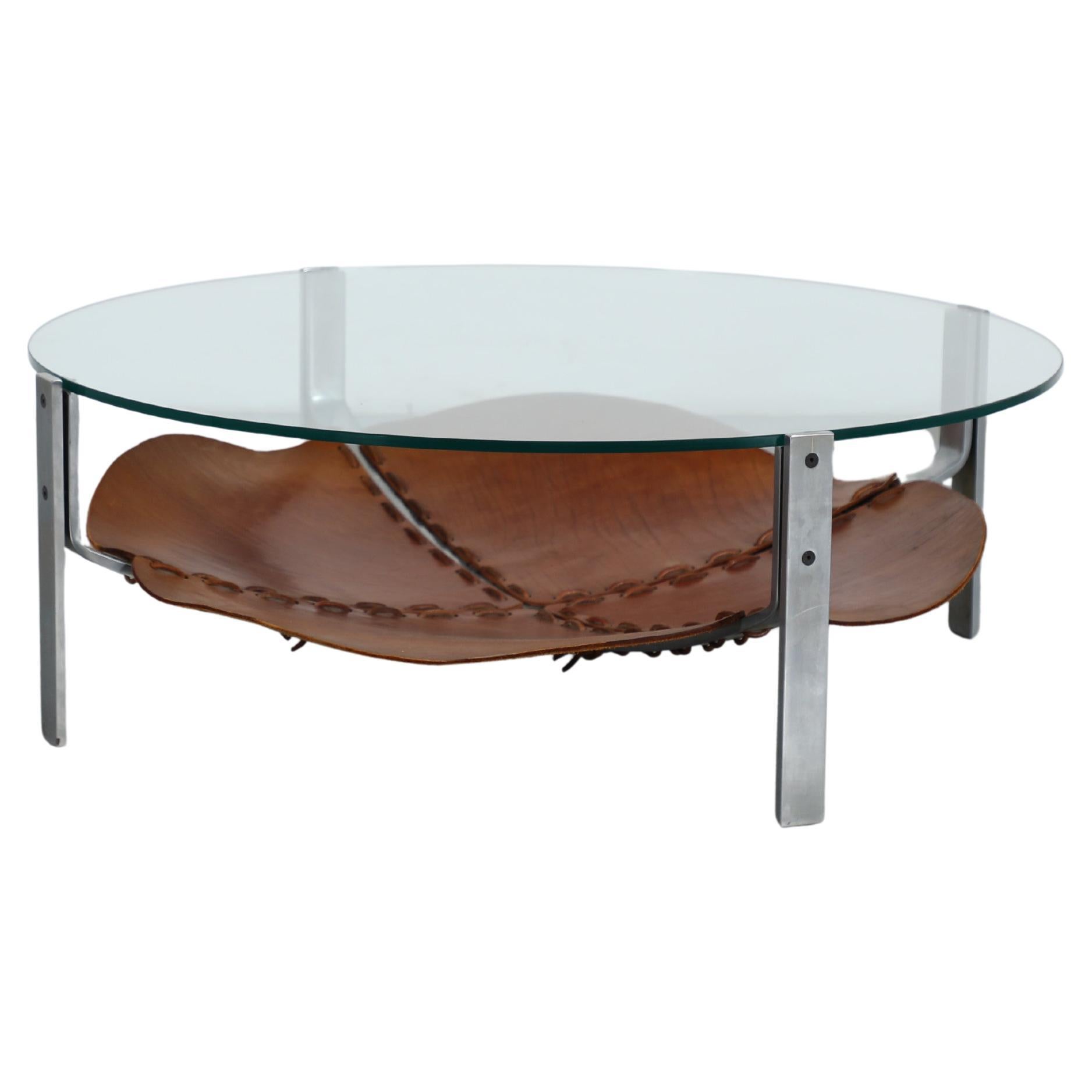 Table basse moderniste Henk Vos des années 1990 en cuir, acier et verre en vente