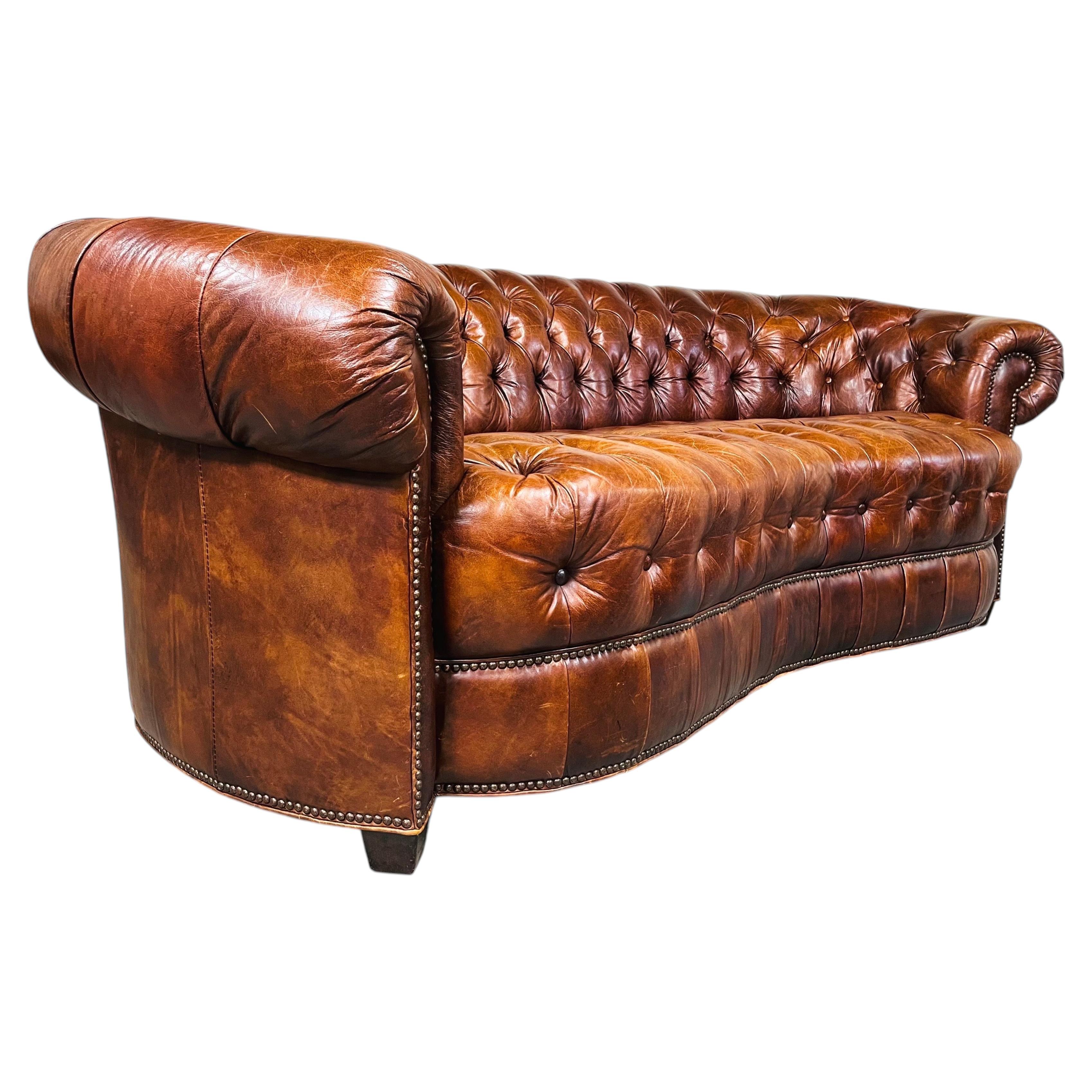 1990s Henredon Chesterfield Crescent Sofa, Brown Leather, Tufted For Sale
