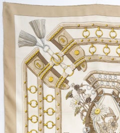 1990s Hermes Aux Champs by C Latham Beige Silk Scarf