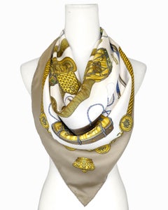 1990's Hermes Beige, White and Gold Le Tambours Silk Scarf