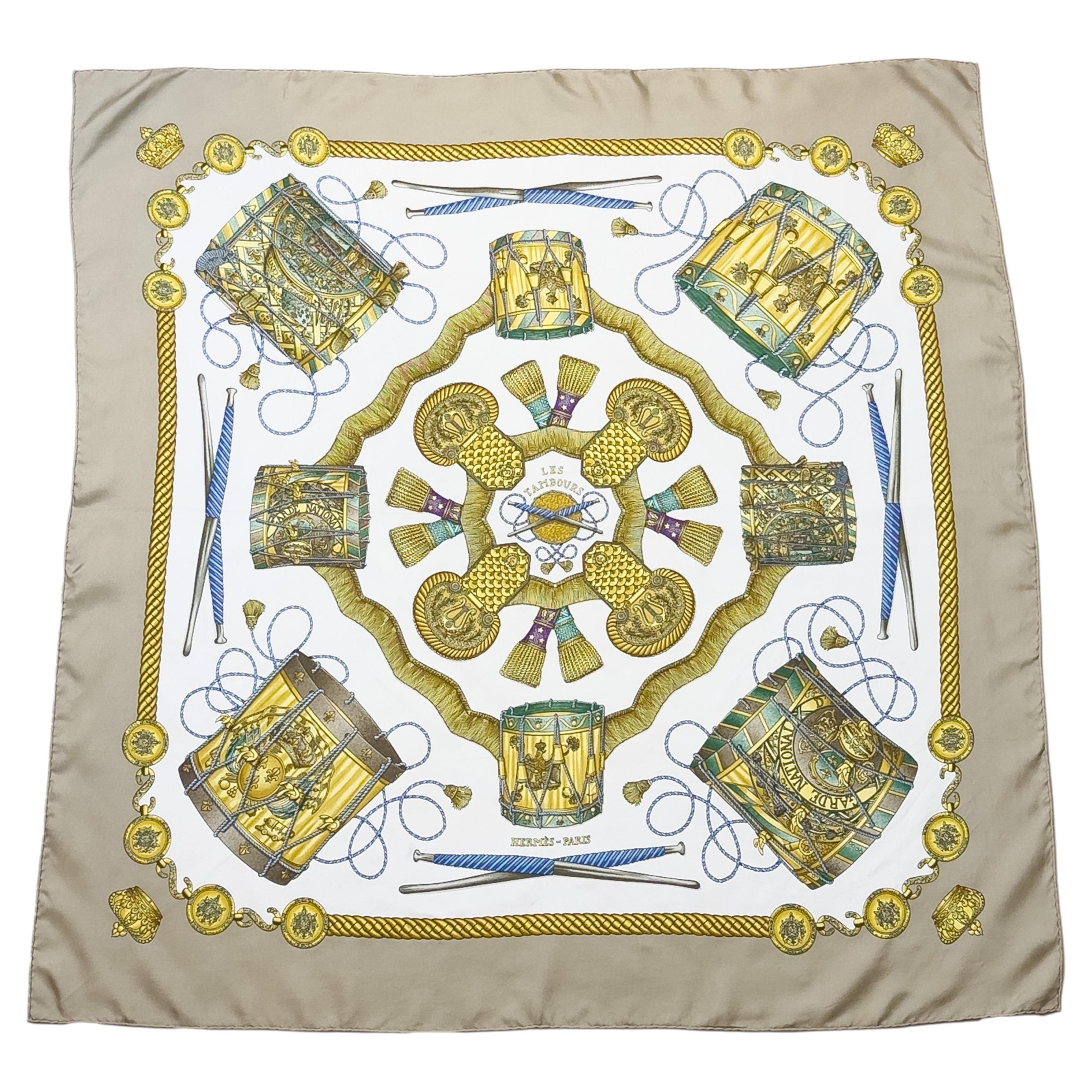 1990's Hermes Beige, White and Gold Le Tambours Silk Scarf For Sale