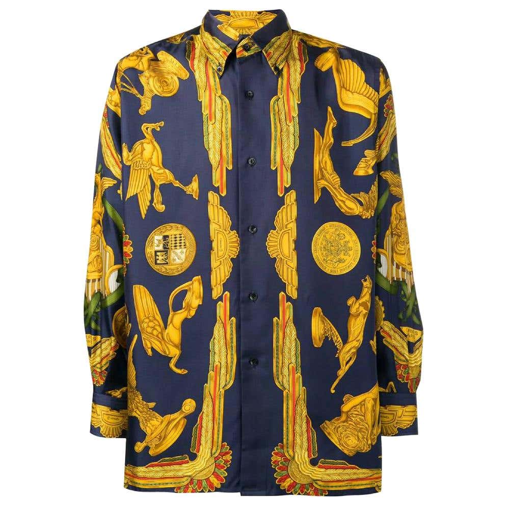 1990s Hermès Blue And Gold Silk Shirt at 1stDibs