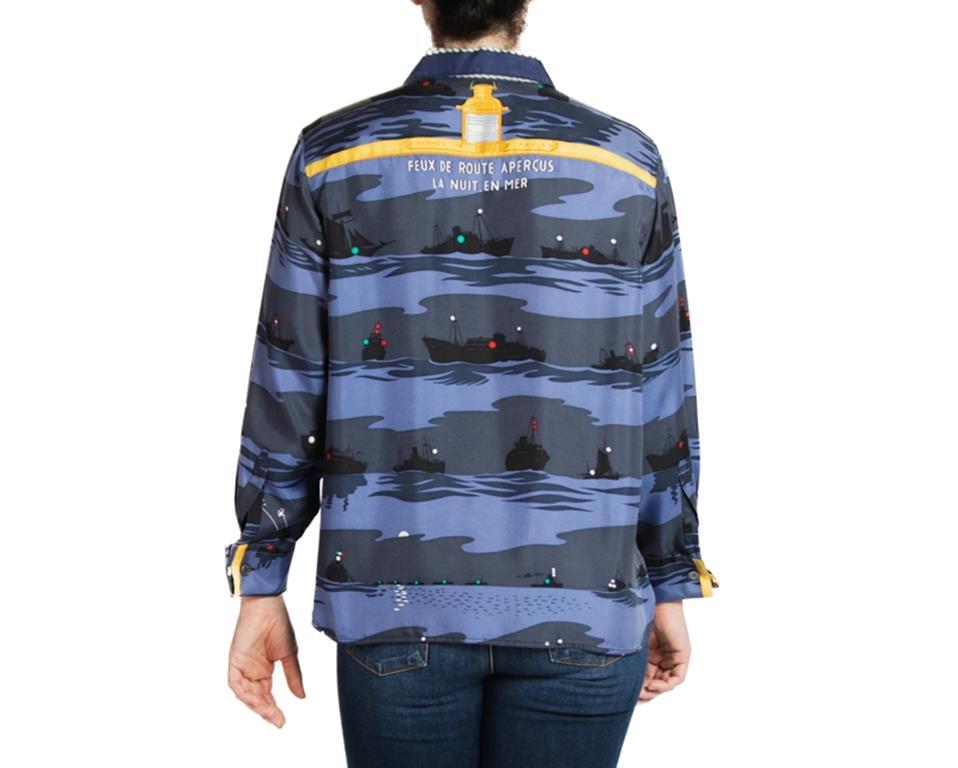 1990S Hermes Blue & Black Silk Nautical Print Shirt For Sale 2