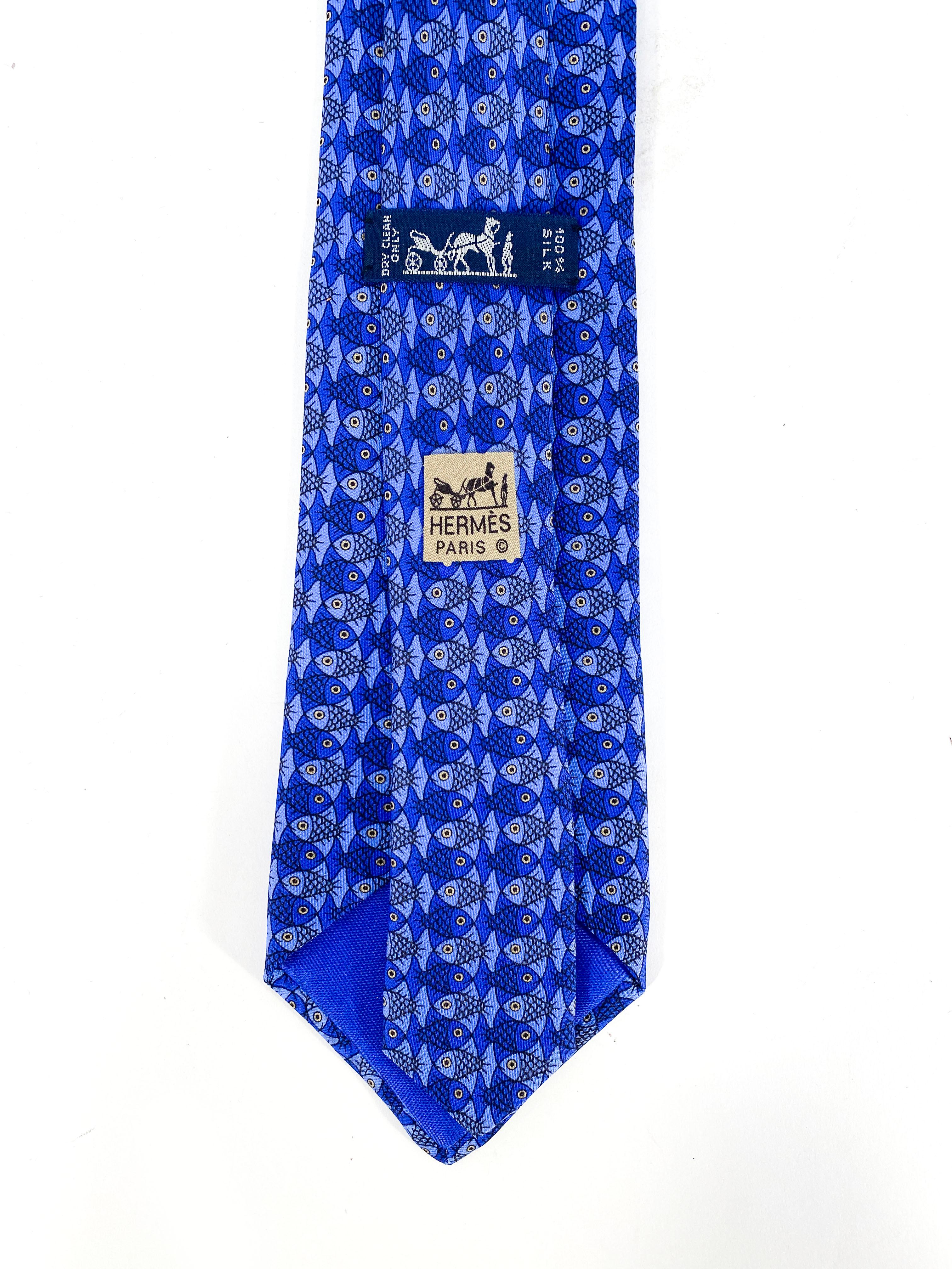 Orange 1990's Hermès Blue Fish Printed Silk Necktie 