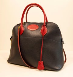 1990s Hermes Bolide 35 Bag in Navy Blue and Red Leather