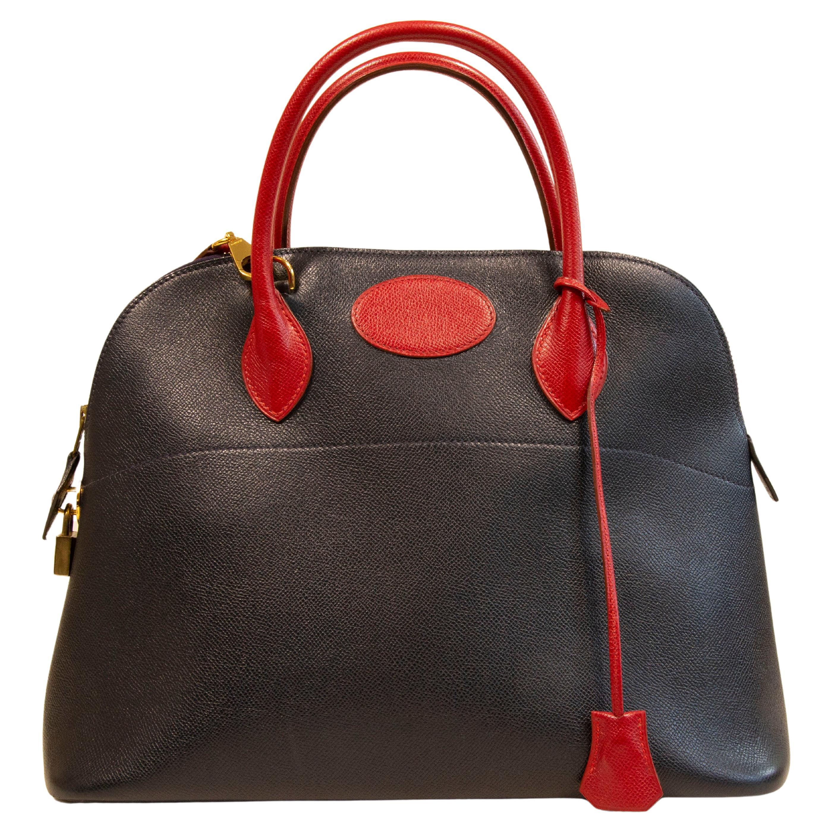 1990s Hermes Bolide 35 Bag in Navy Blue and Red Leather For Sale