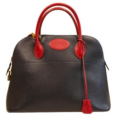 Vintage 1990s Hermes Bolide 35 Bag in Navy Blue and Red Leather
