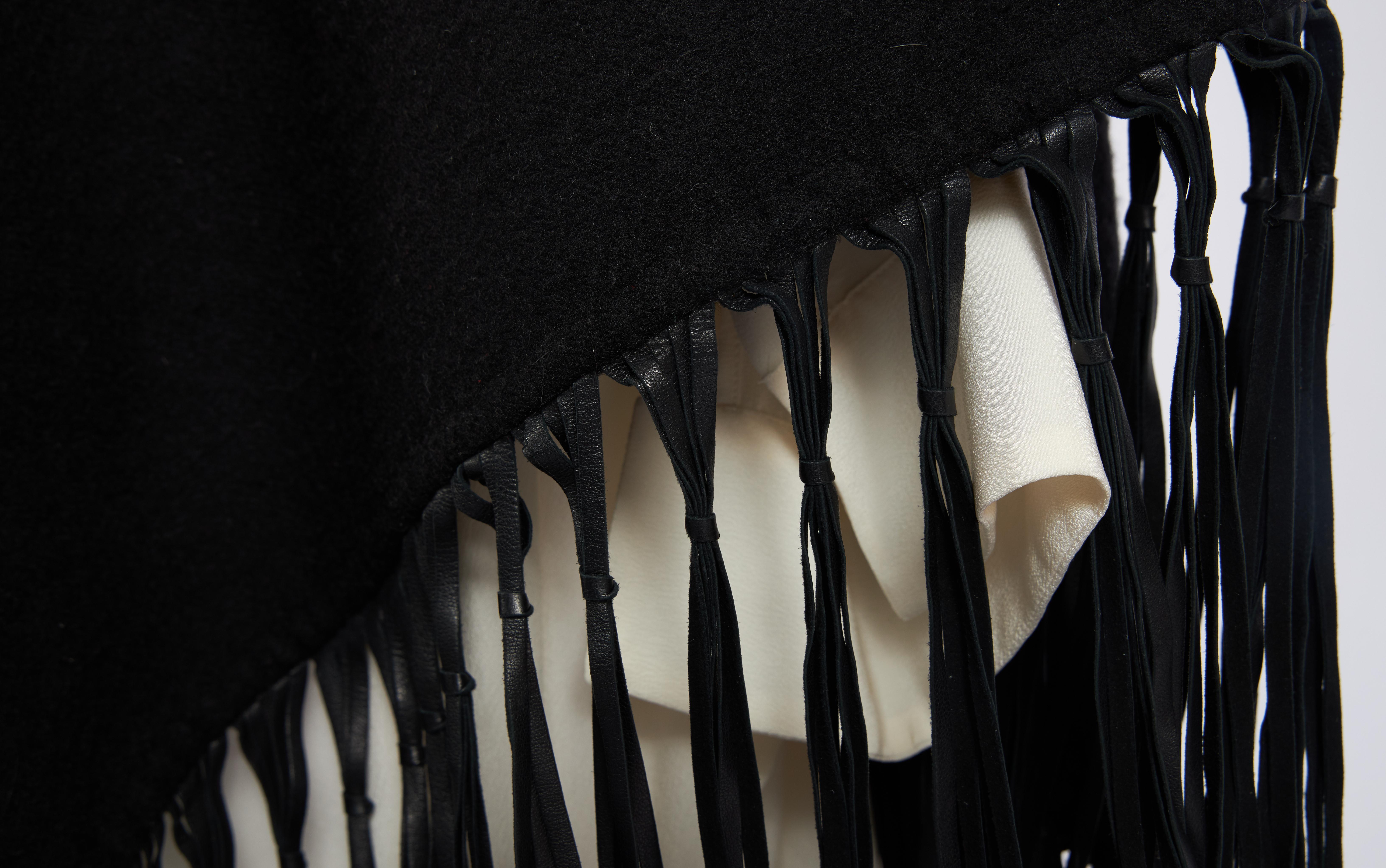 1990's Hermes Cashmere Leather Black Fringe Shawl In Good Condition In West Hollywood, CA