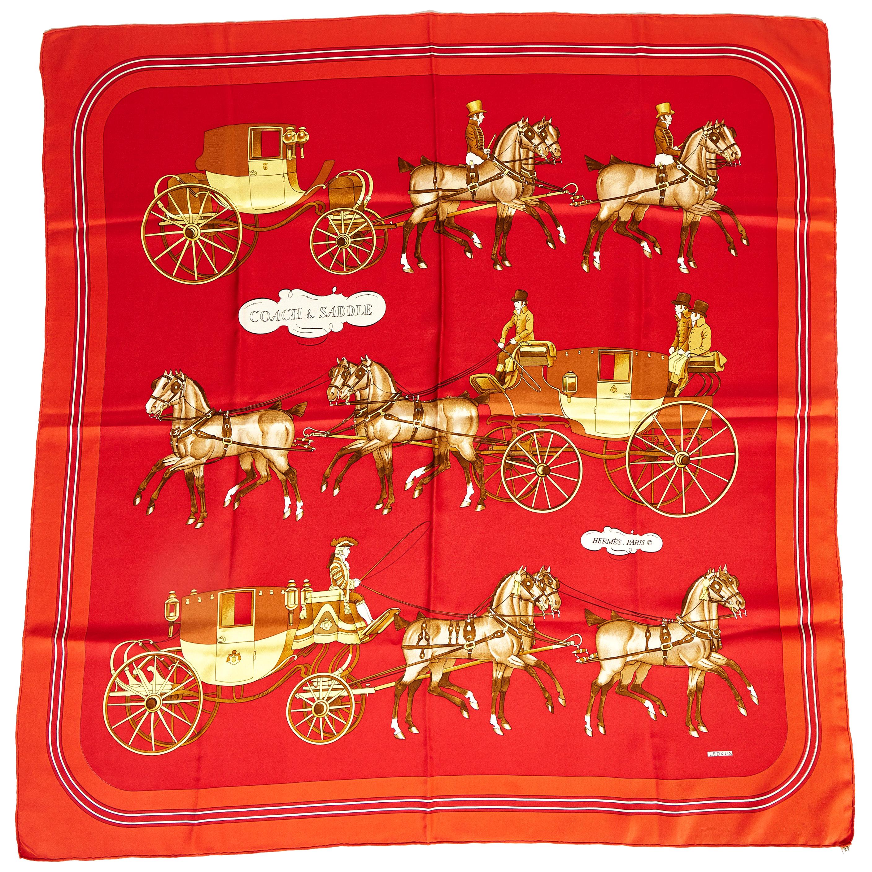 1990's Hermes Coach & Saddle Red Silk Scarf