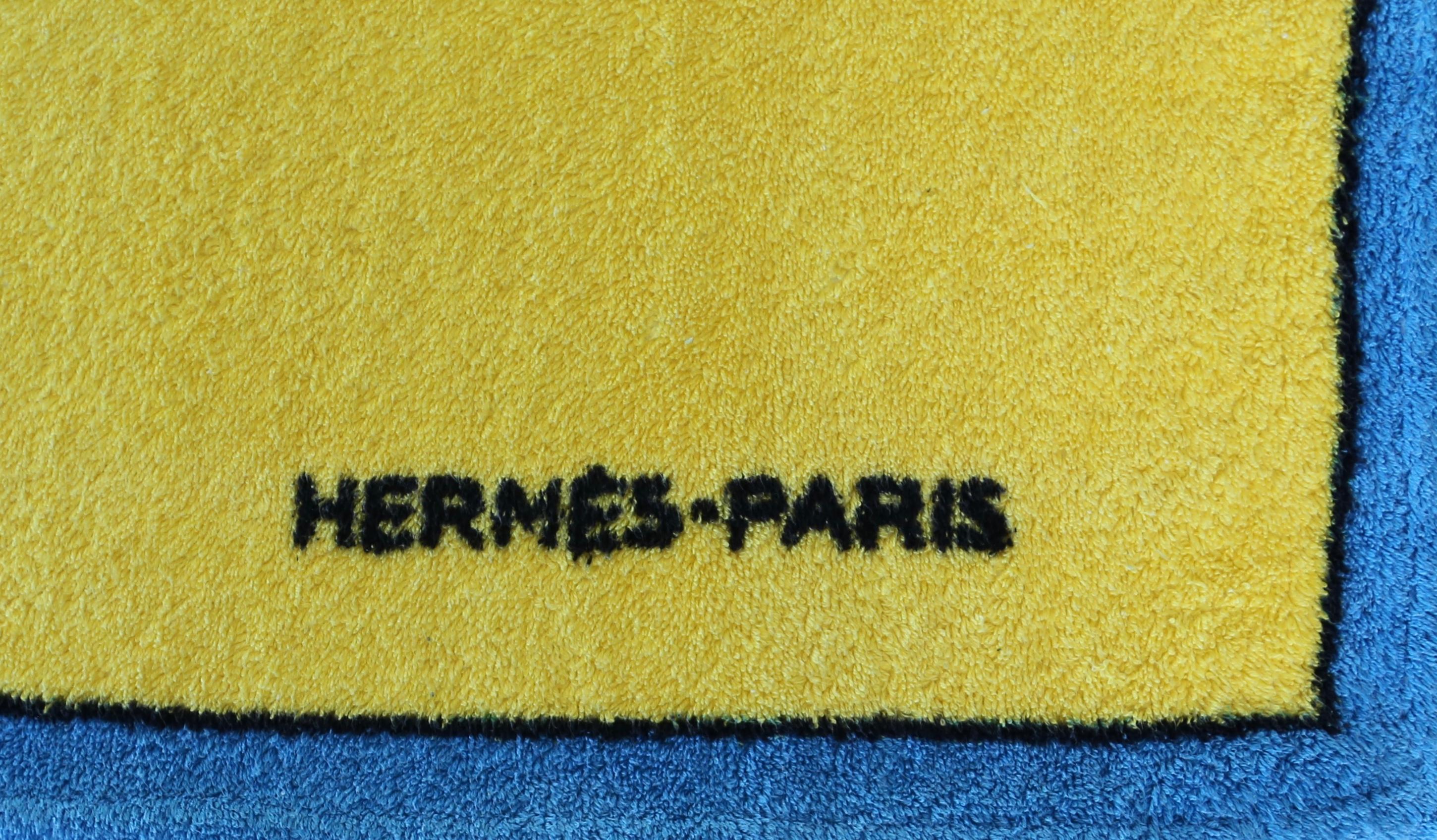 Yellow 1990's HERMES equestrian printed cotton terry cloth beach towel