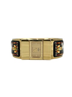 1990s Hermes Gold Tone Enamel Equestrian Theme Loquet Bangle Quartz Wrist Watch