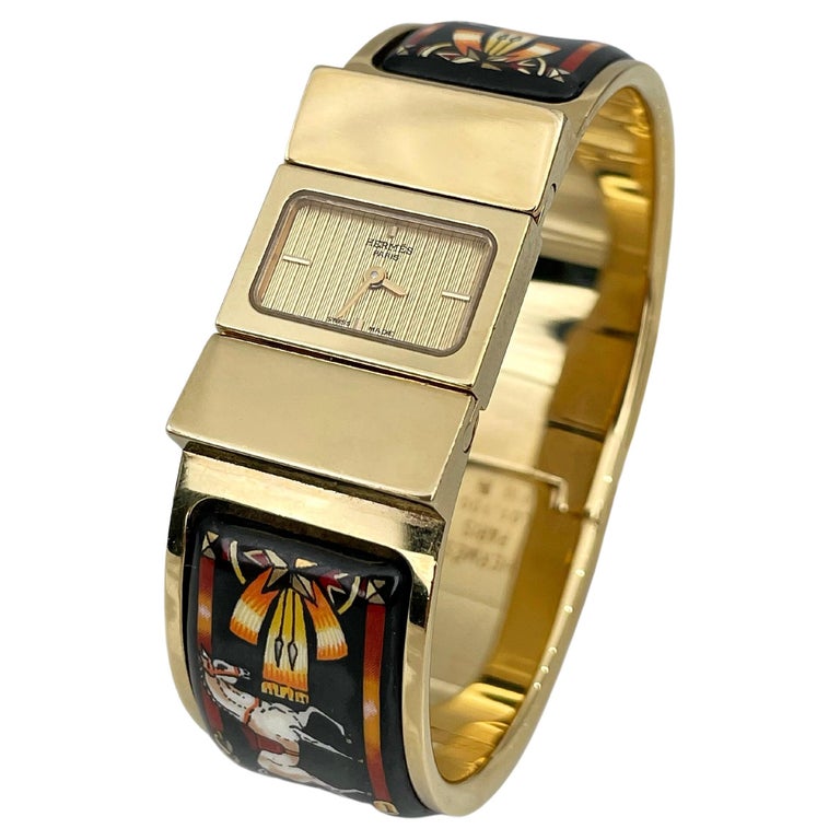 1990s Hermes Gold Tone Enamel Equestrian Theme Loquet Bangle Quartz