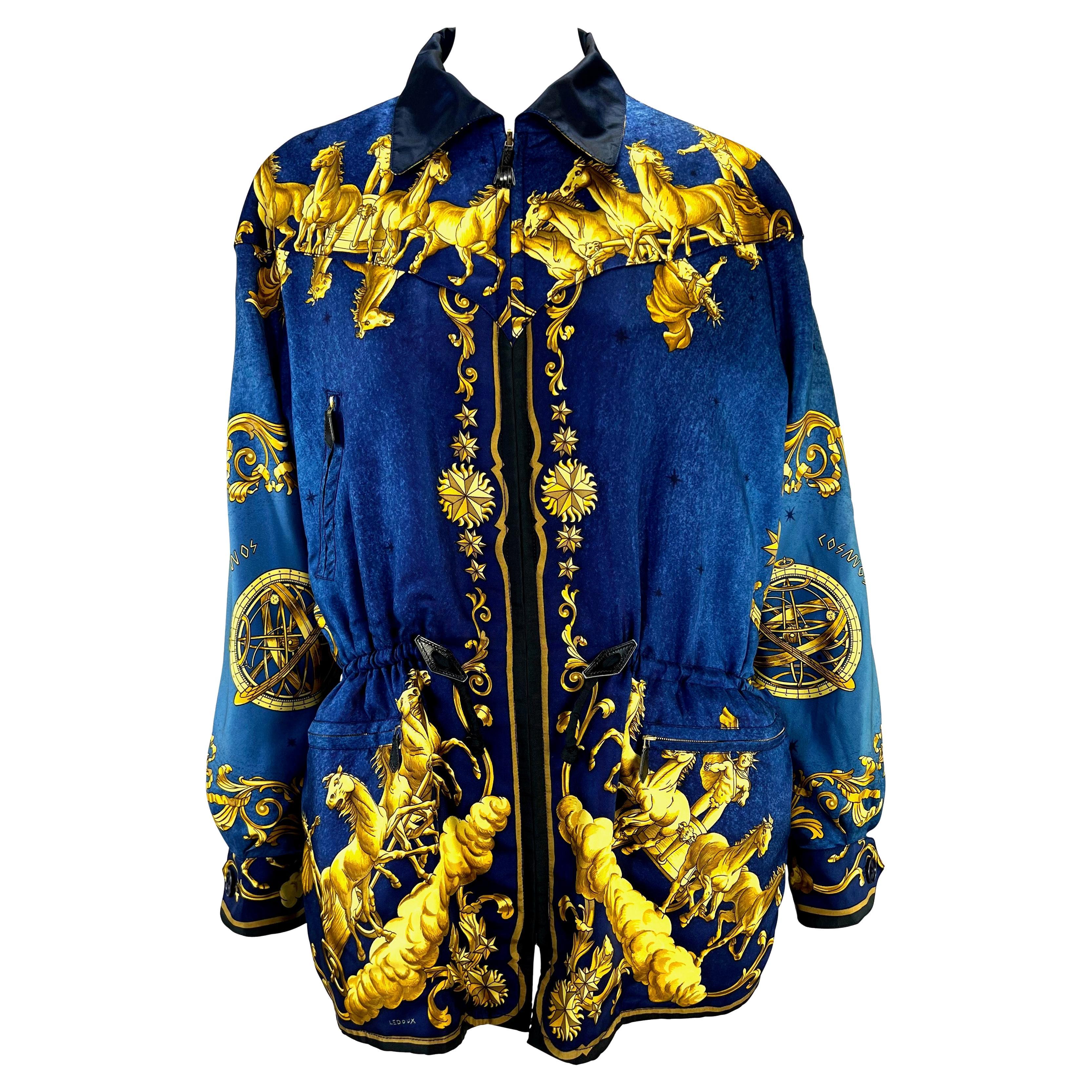 F/W 1991 Hermès Paris Cosmos Print Reversible Blue Gold Silk Windbreaker Jacket