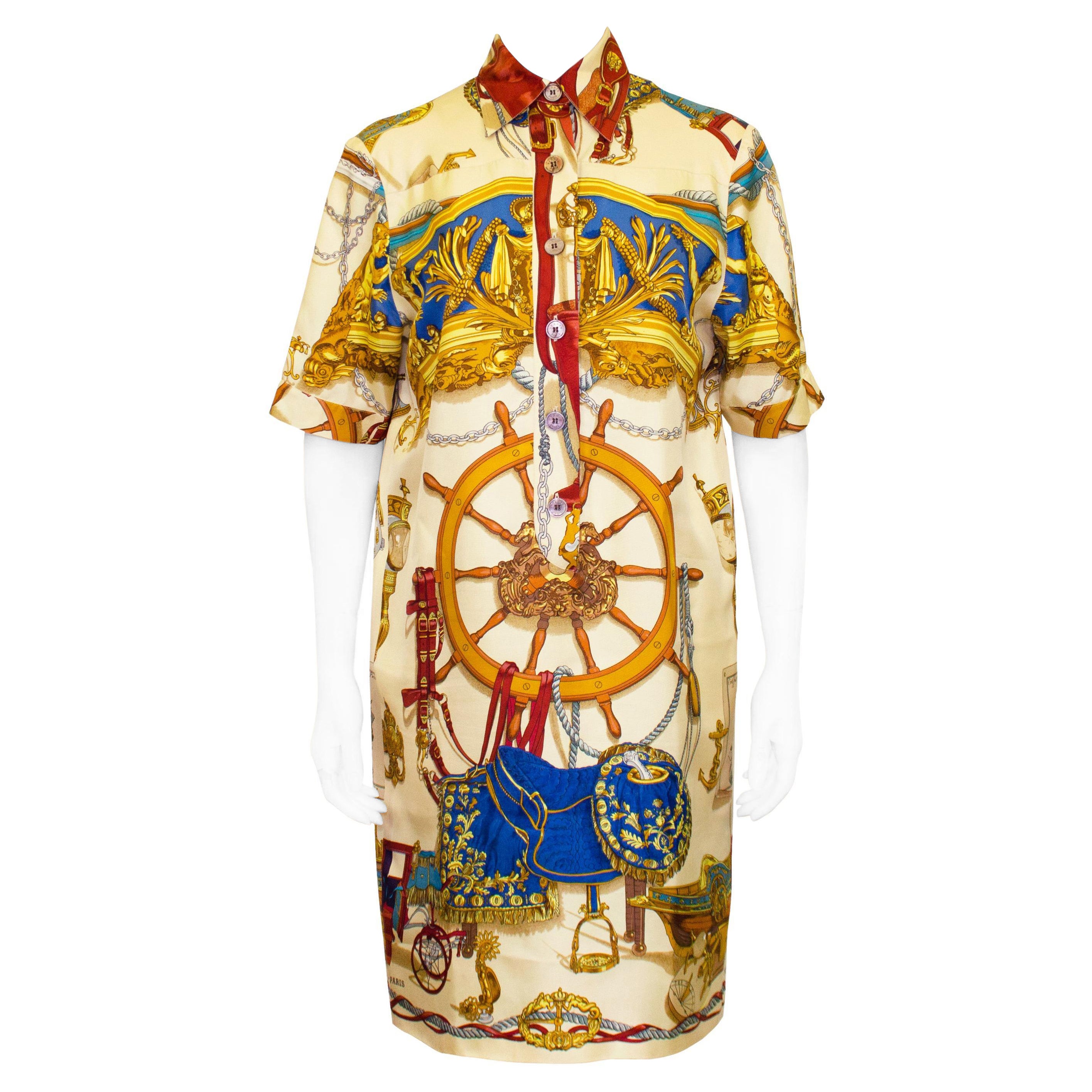 1990er Jahre Hermes bedrucktes Hemdkleid aus Seide