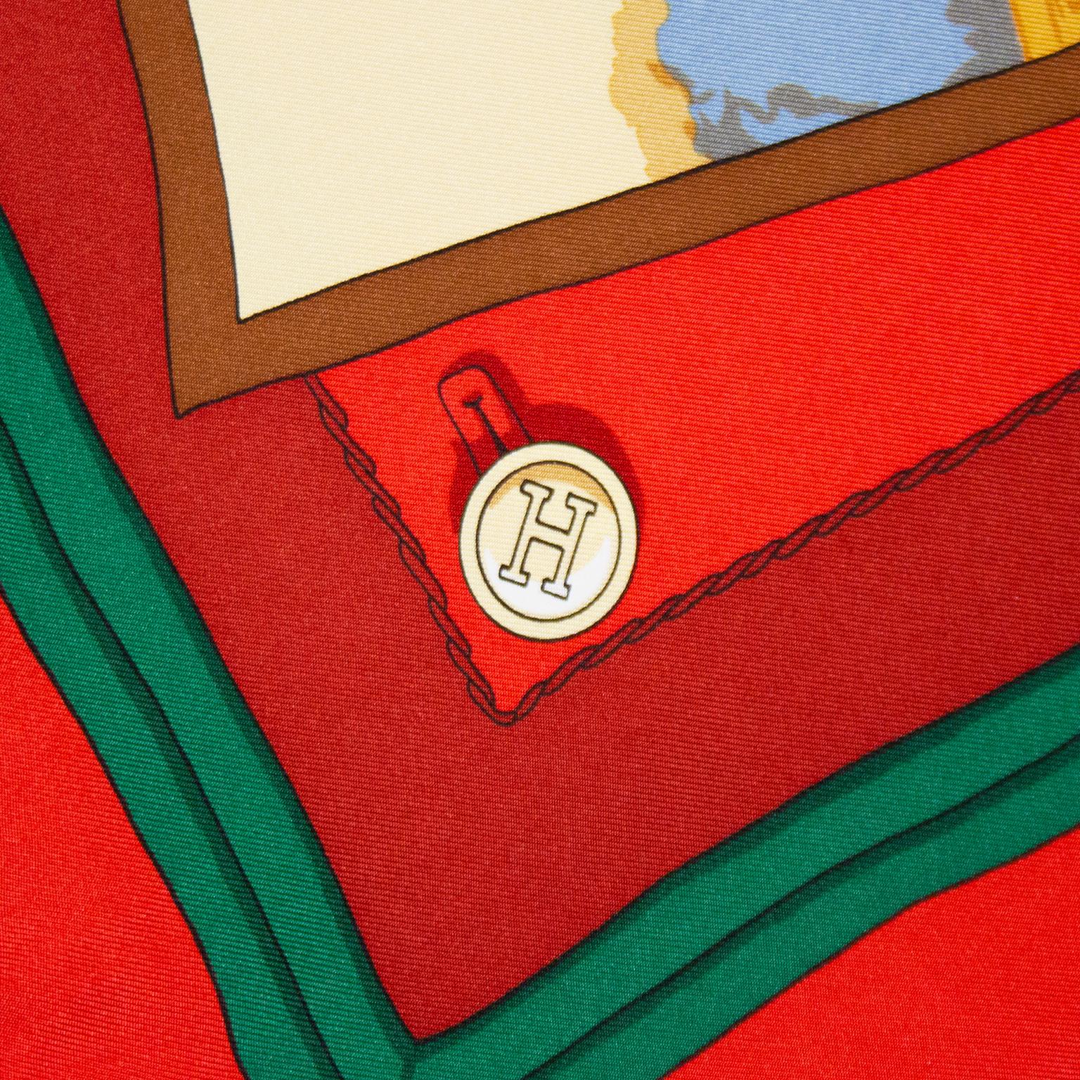 Beige 1990s Hermes Red & Green Attelages Silk Scarf