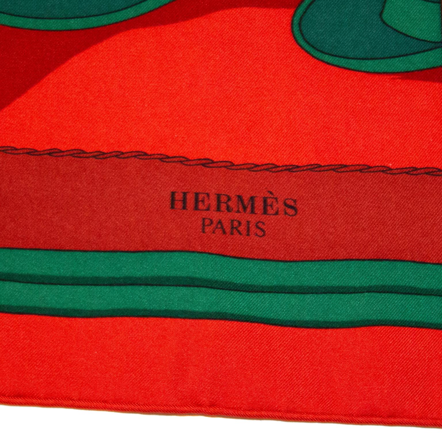 1990s Hermes Red & Green Attelages Silk Scarf  In Good Condition For Sale In Toronto, Ontario