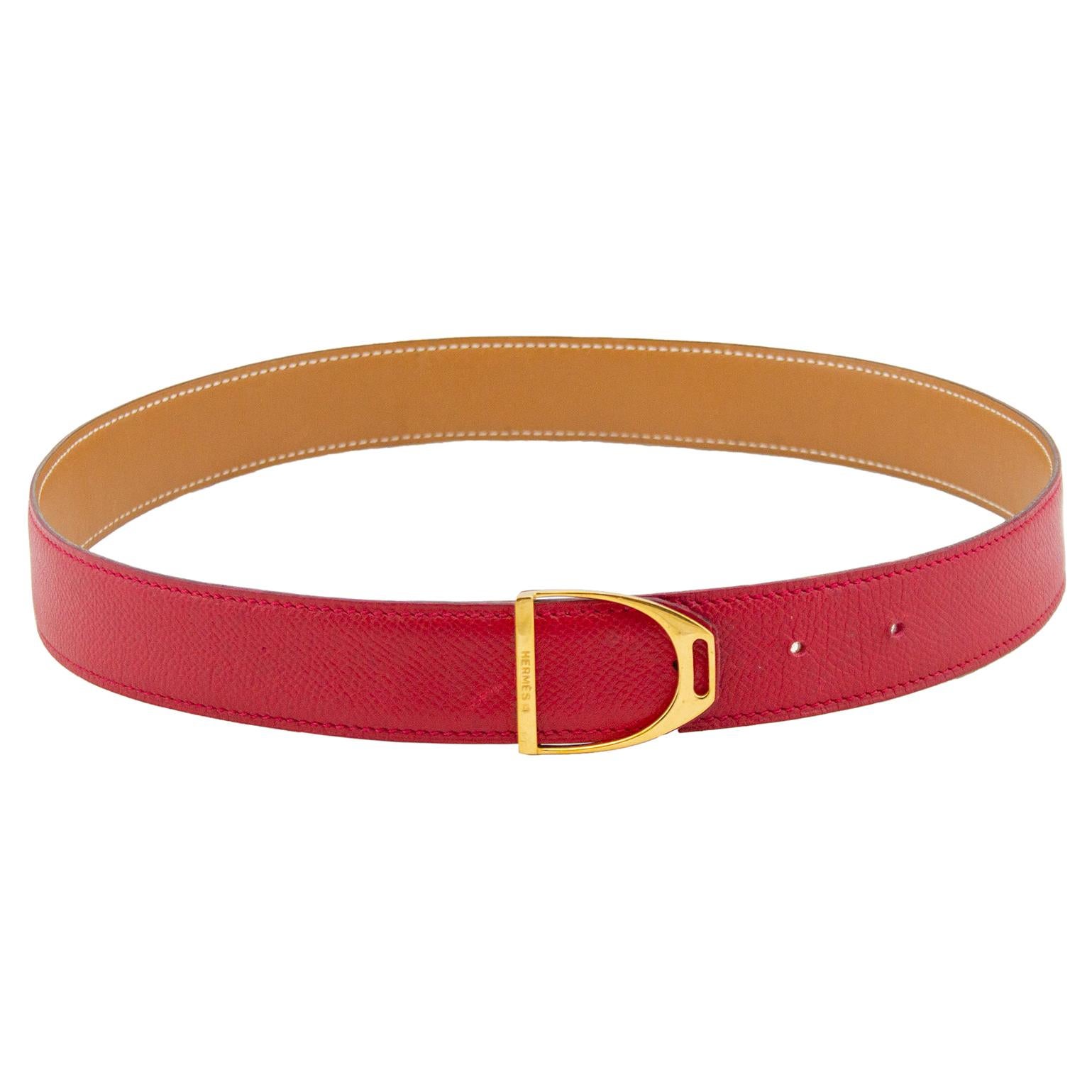 1990's Hermes Red Leather Stirrup Buckle Belt 