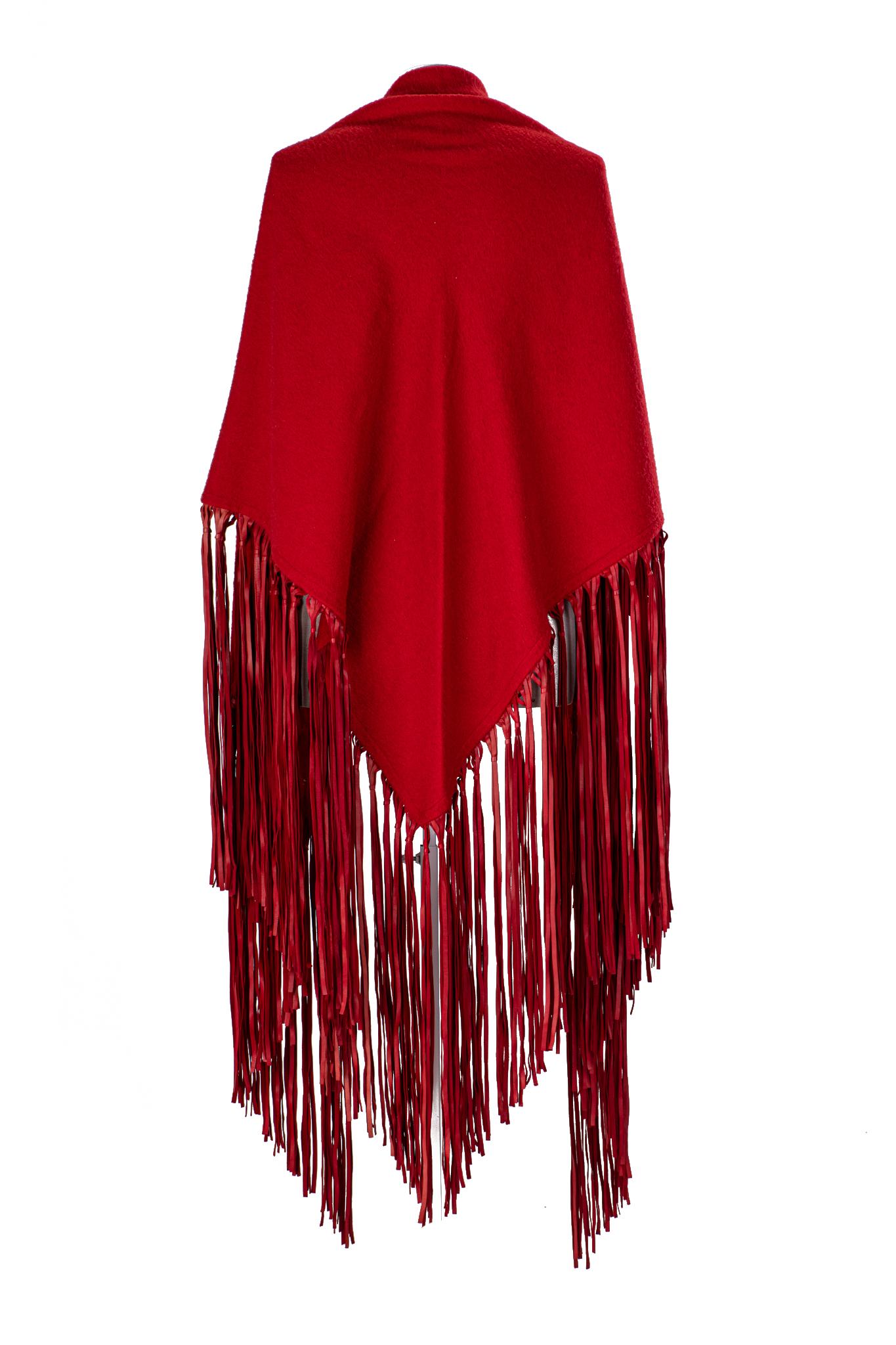 1990's Hermès Red Vintage Cashmere Wool Leather Fringe Shawl Scarf In Excellent Condition For Sale In West Hollywood, CA