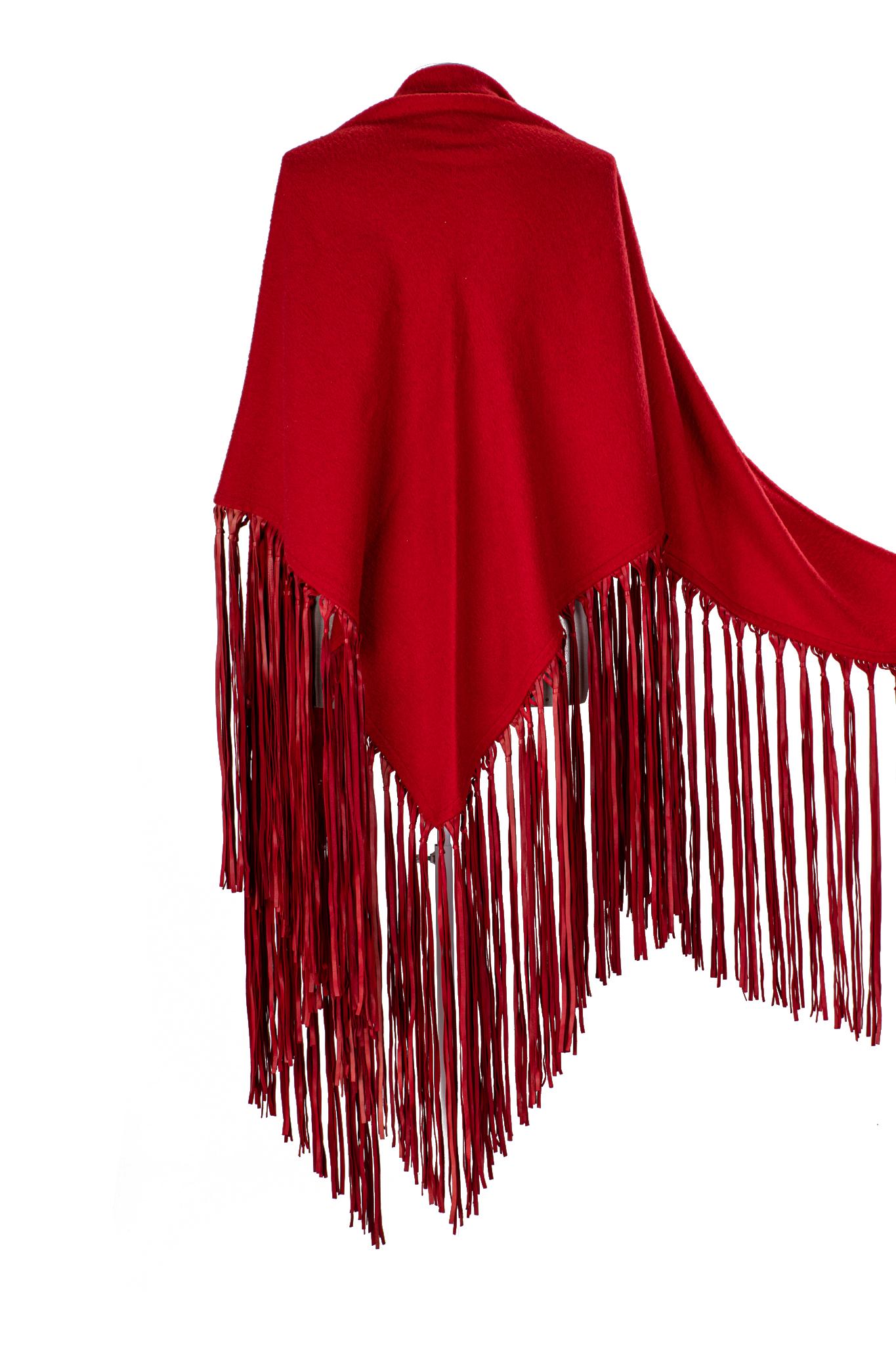 Women's 1990's Hermès Red Vintage Cashmere Wool Leather Fringe Shawl Scarf For Sale