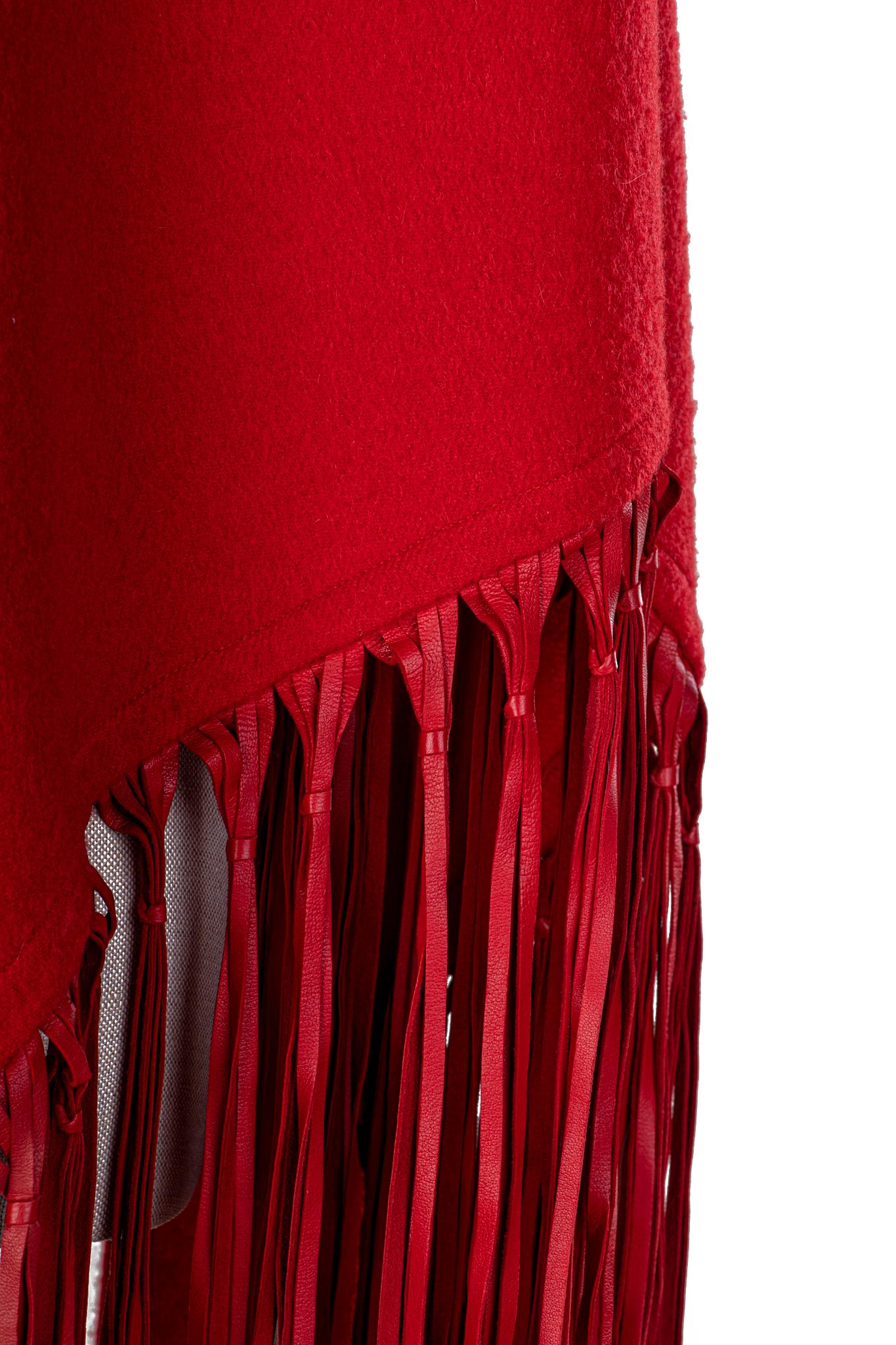 1990's Hermès Red Vintage Cashmere Wool Leather Fringe Shawl Scarf 1