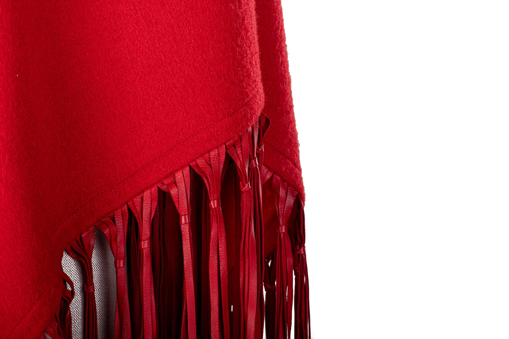 1990's Hermès Red Vintage Cashmere Wool Leather Fringe Shawl Scarf For Sale 3
