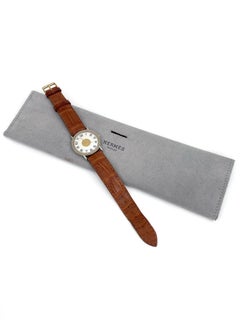 1990s Hermes Sellier Gold Tone Brown Crocodile Leather Quartz Wrist Watch