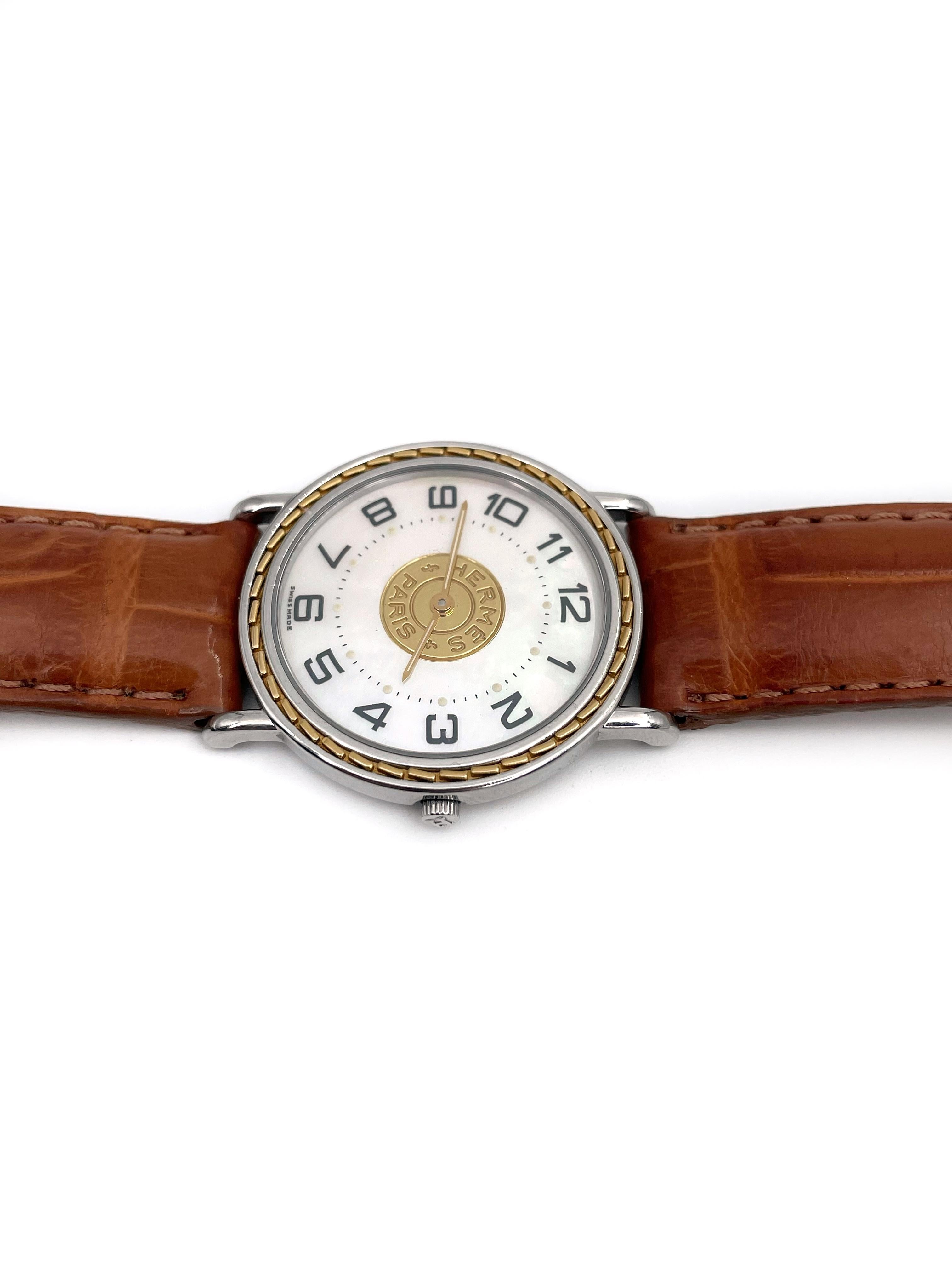 Modern 1990s Hermes Sellier Gold Tone Brown Crocodile Leather Quartz Wrist Watch