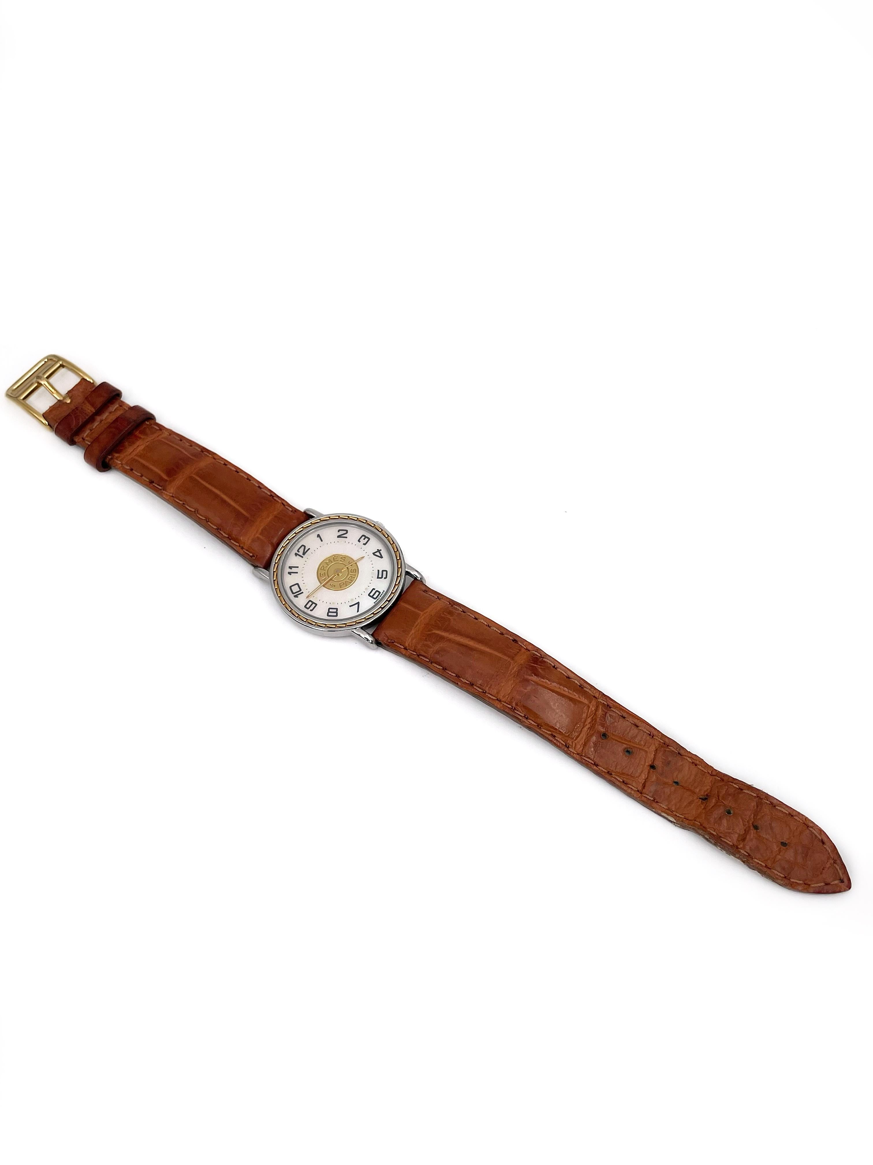 1990s Hermes Sellier Gold Tone Brown Crocodile Leather Quartz Wrist Watch 2