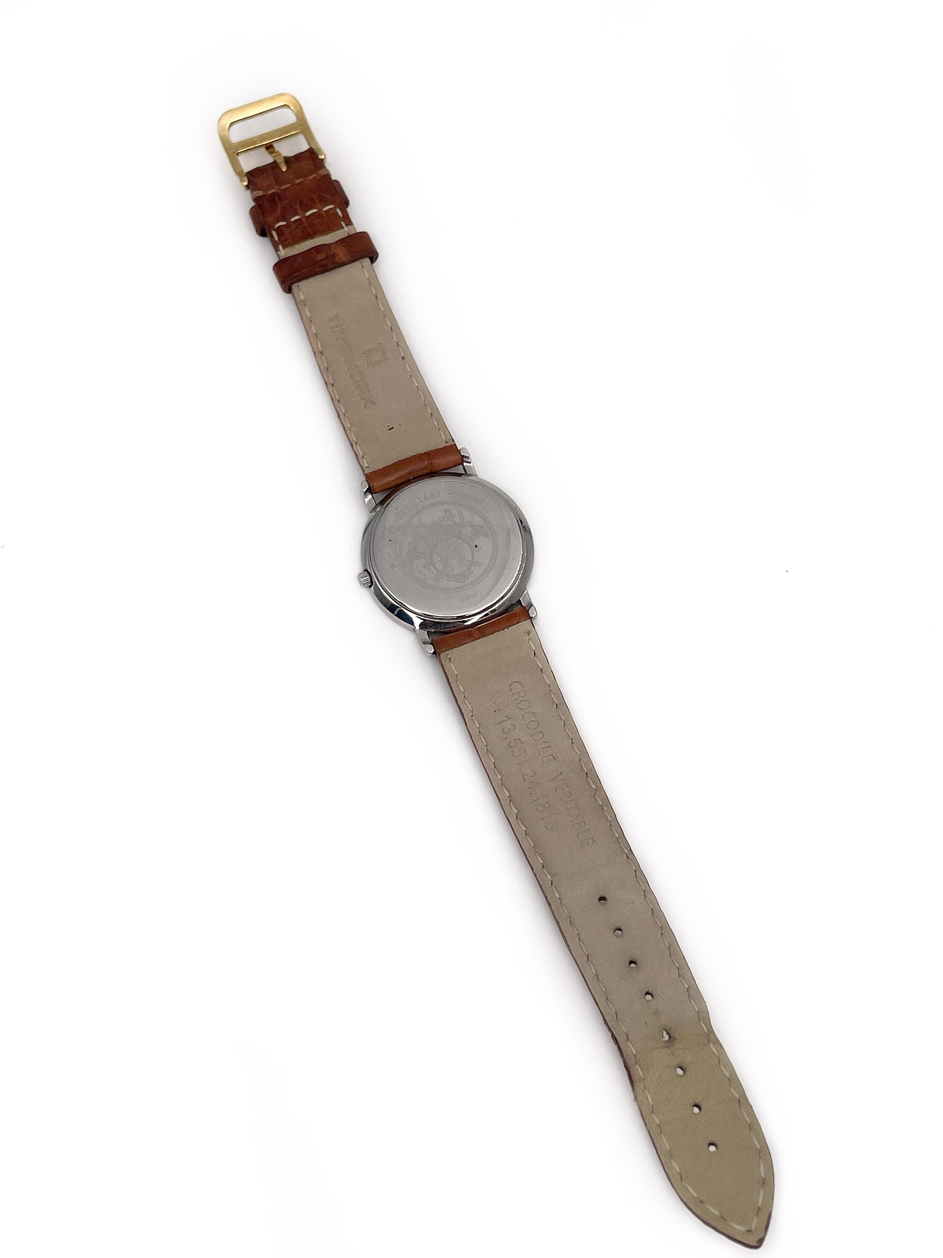 1990s Hermes Sellier Gold Tone Brown Crocodile Leather Quartz Wrist Watch 3