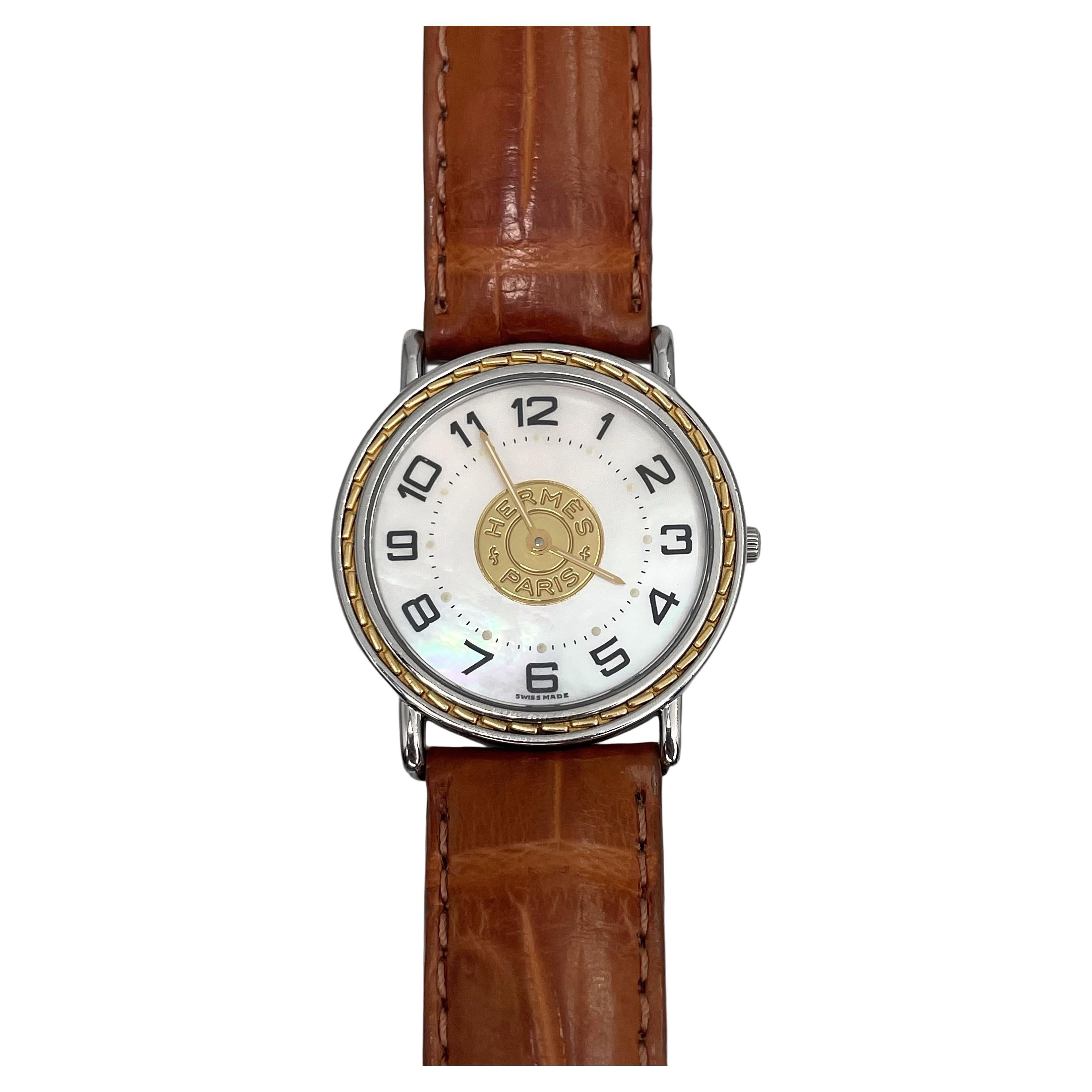 1990s Hermes Sellier Gold Tone Brown Crocodile Leather Quartz Wrist Watch