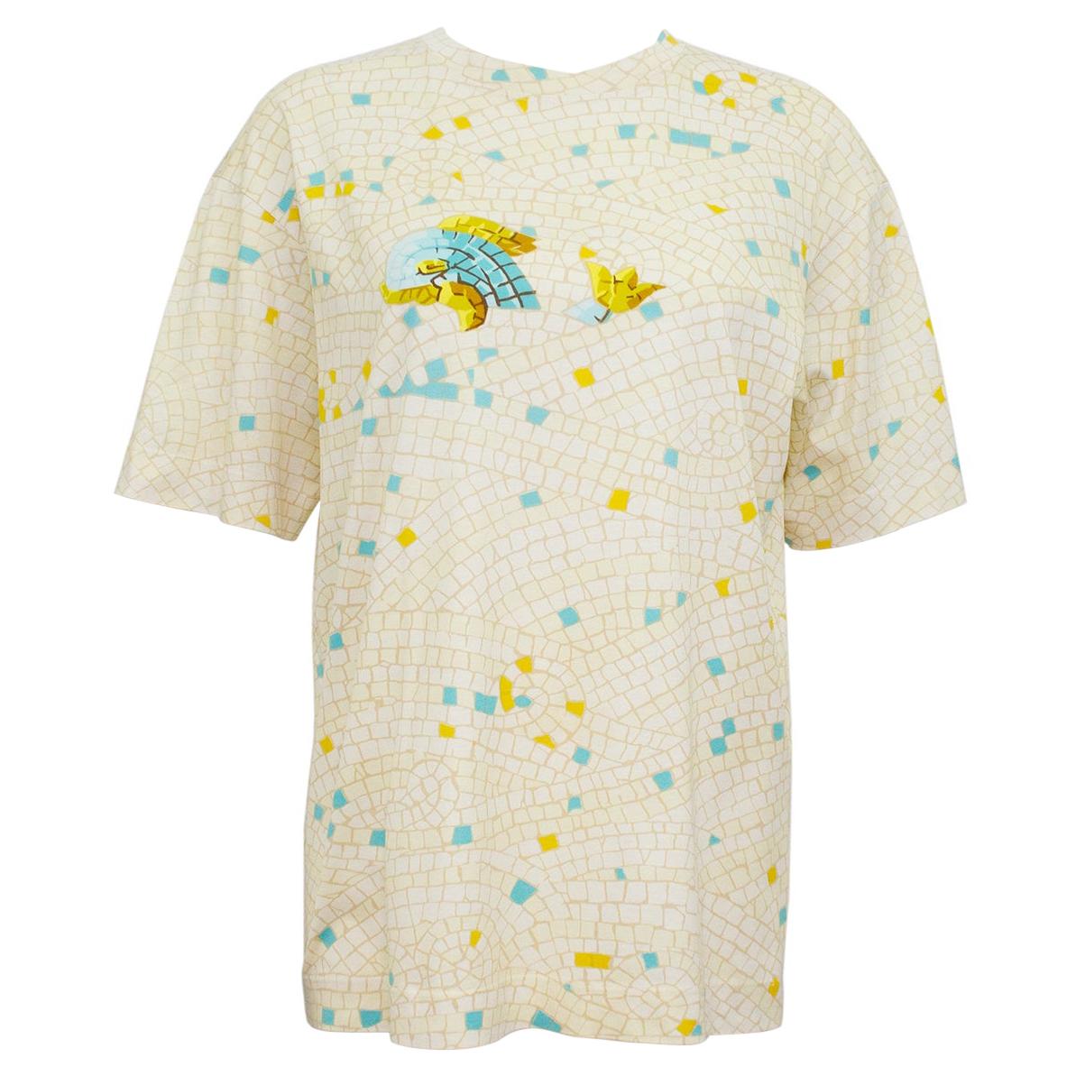 1990s Hermes Silk Cotton Bland Mosaic Tile Fish T-Shirt  For Sale