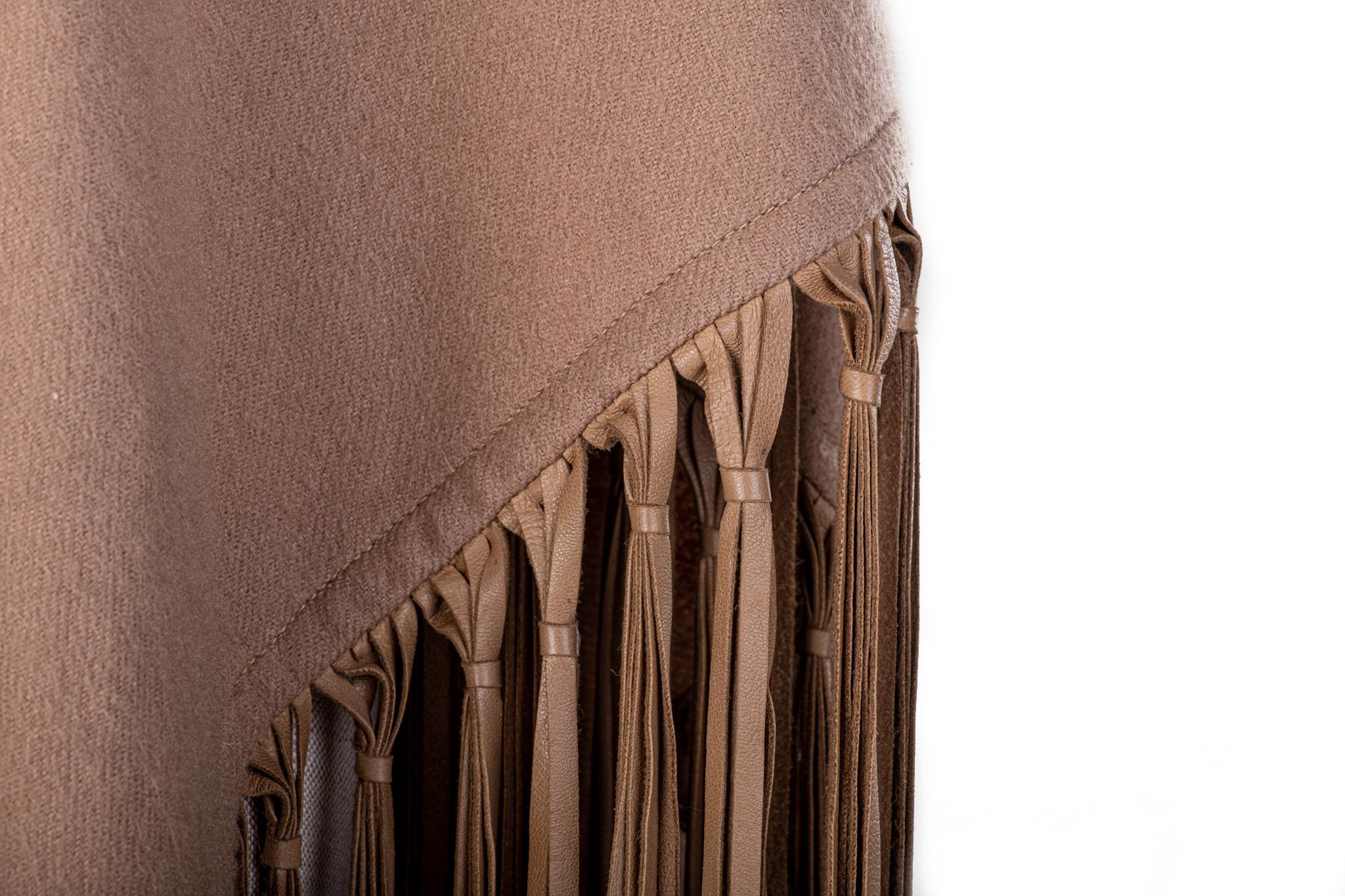 1990's Hermès Vintage Taupe  Cashmere Wool Leather Fringe Shawl Scarf In Excellent Condition In West Hollywood, CA